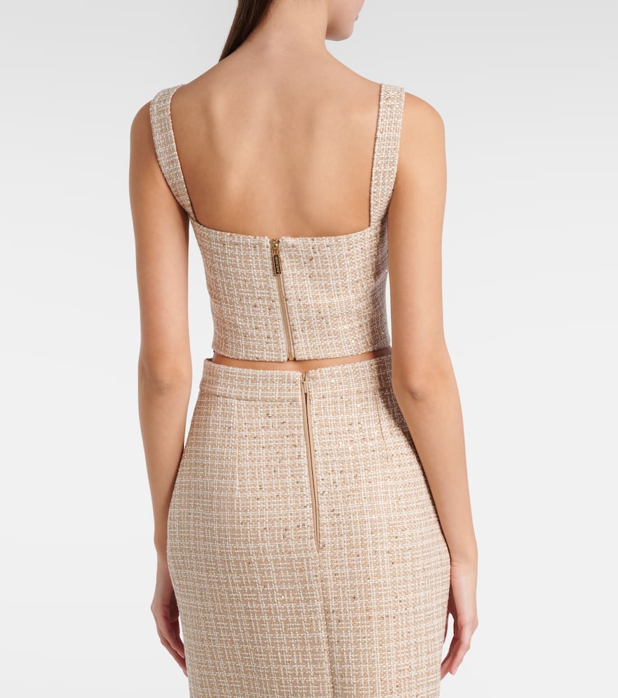 Checked sequined tweed crop top
