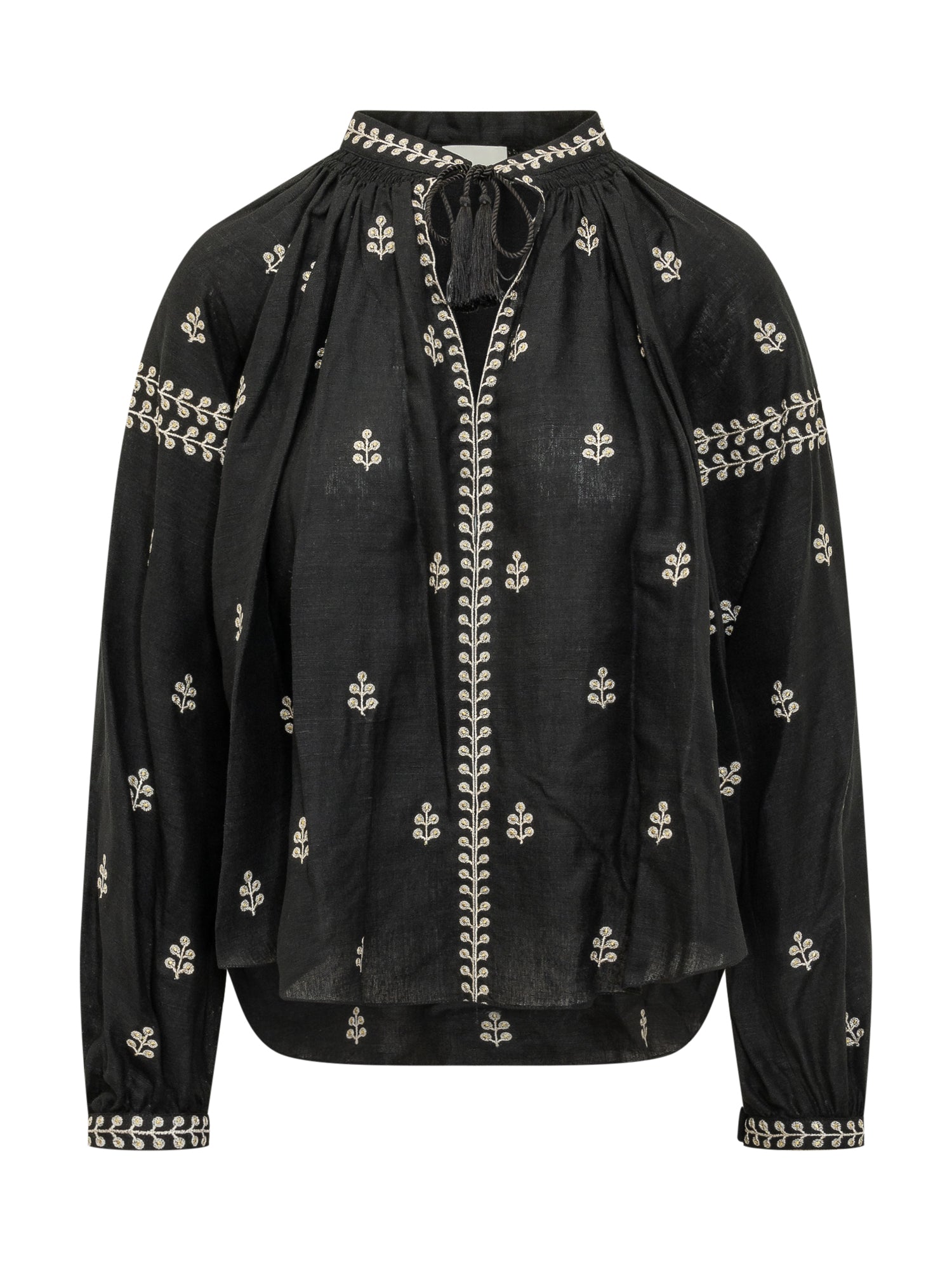 Elegant Blouse with Embroidery and Ruffled Neck