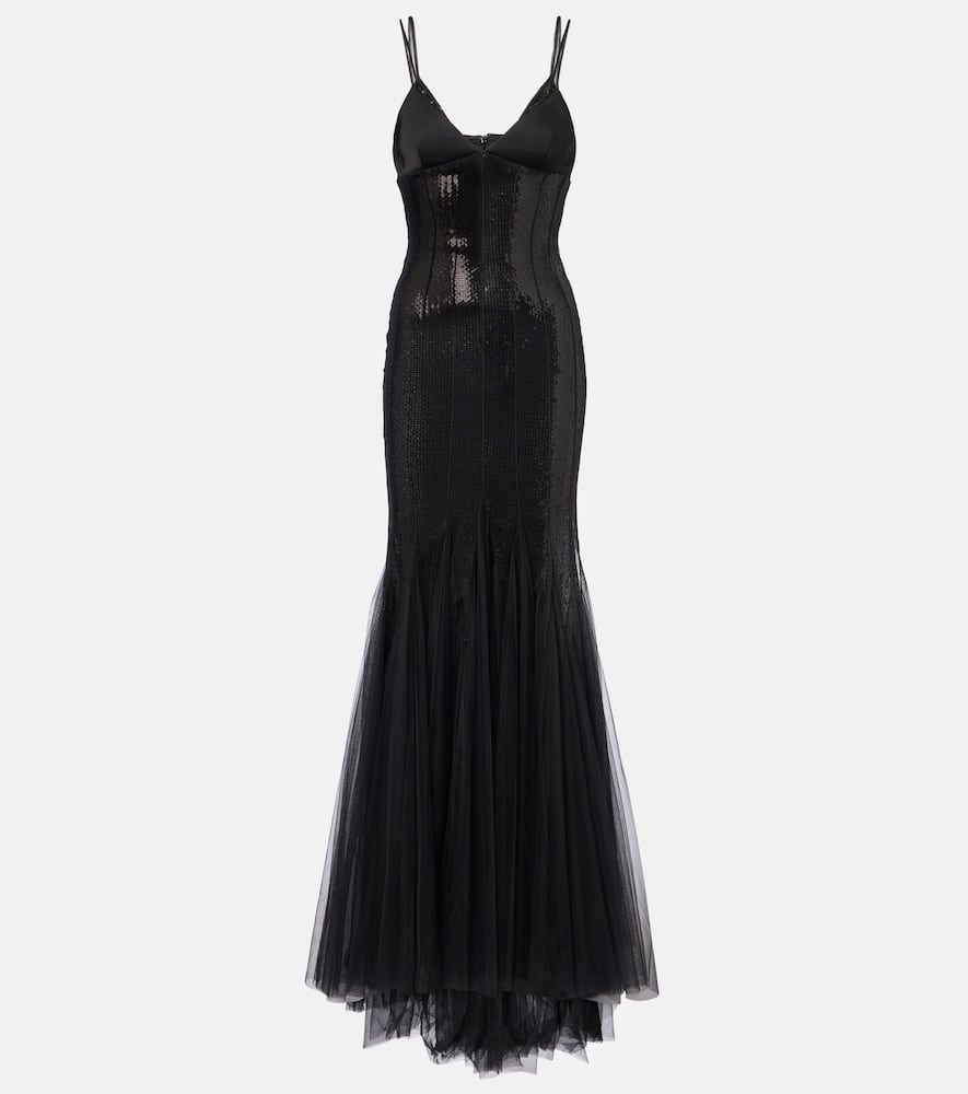 Sequined tulle and satin gown