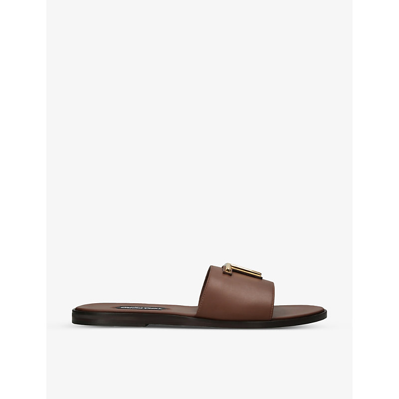 Mens Tan Brighton Logo-embellished Leather Sliders
