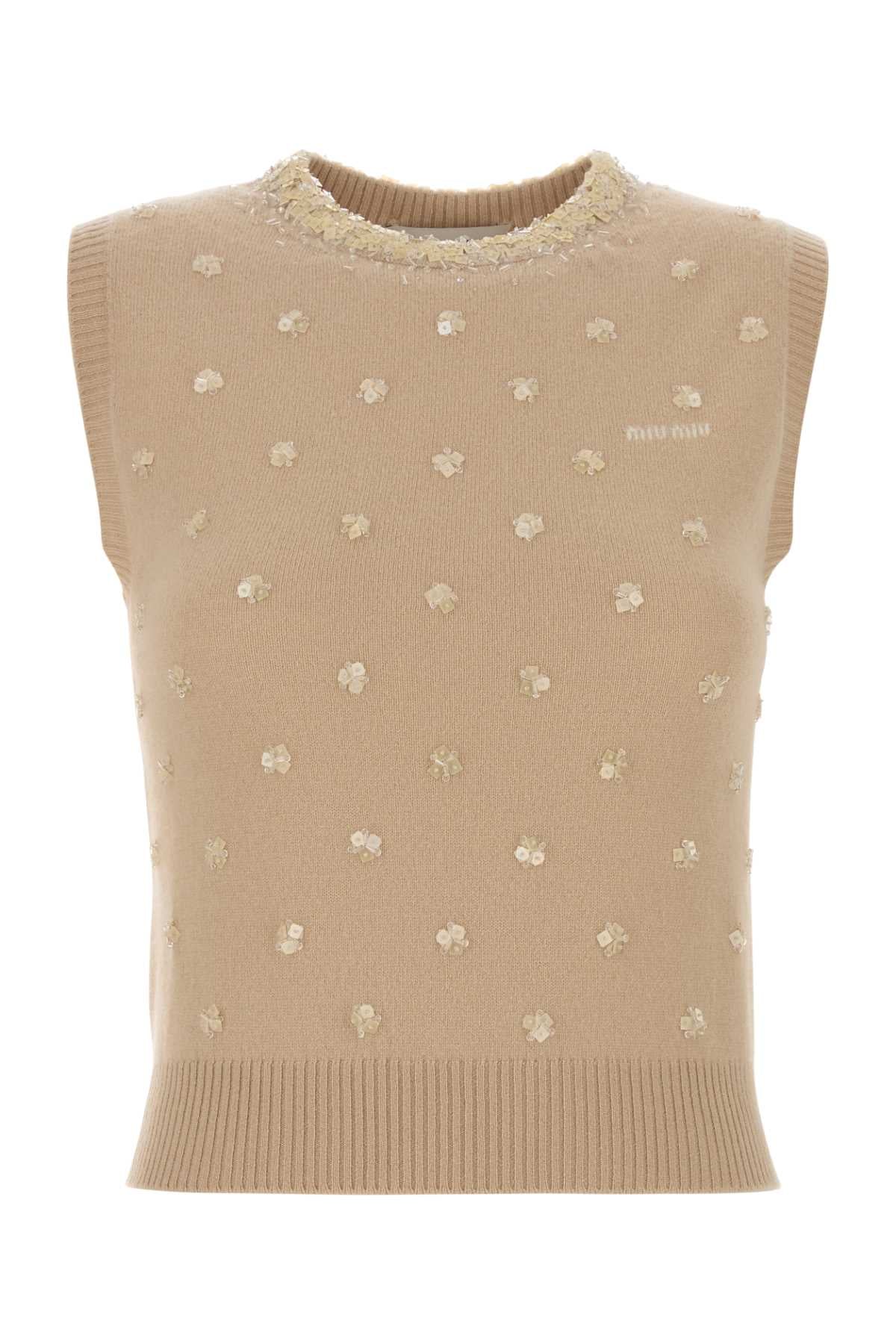 Cashmere Embellished Tank Top — Beige