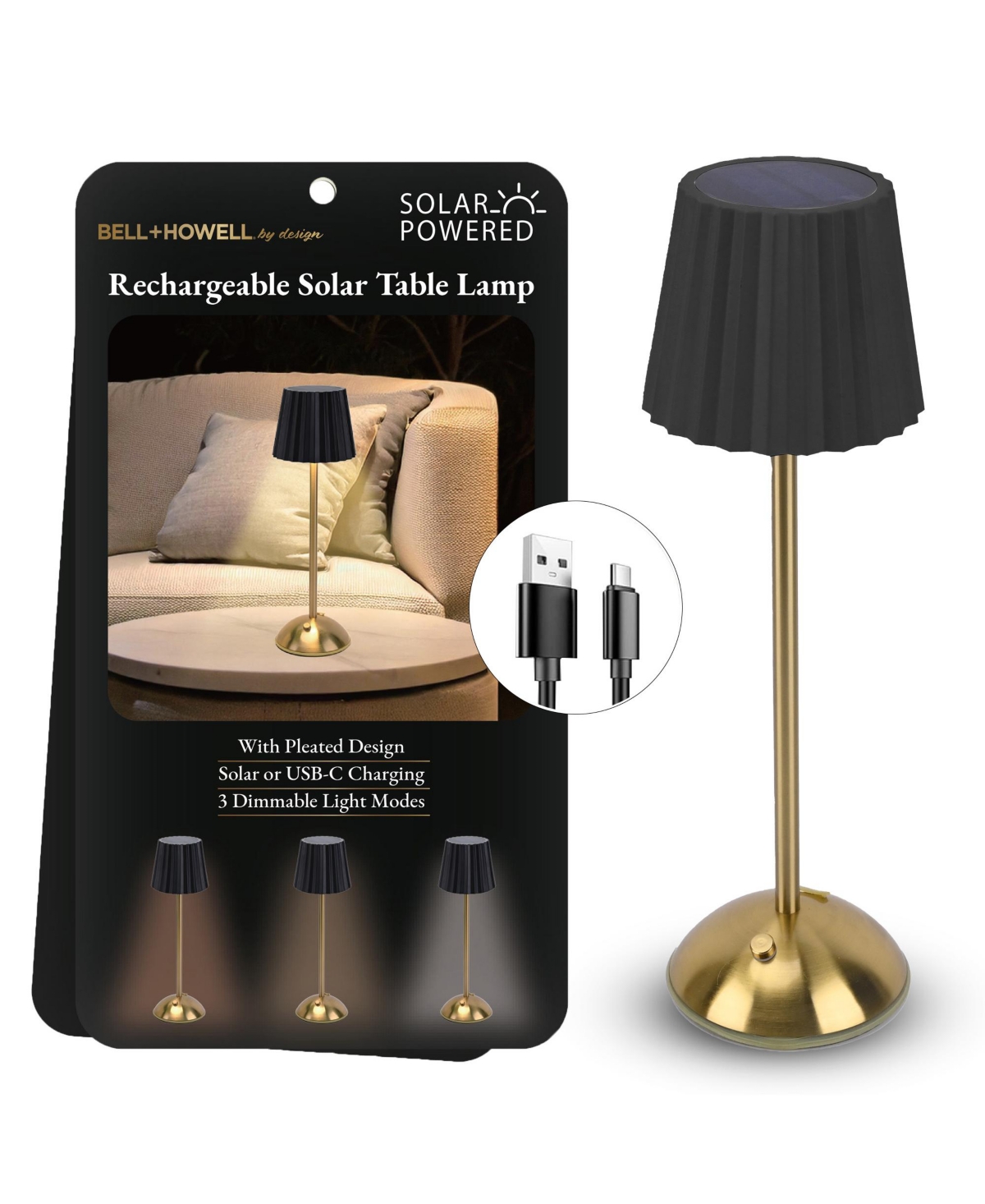 Rechargeable Solar Wide Pleated Design Portable Indoor Outdoor Led Dimmable Modes Table Lamp - Black