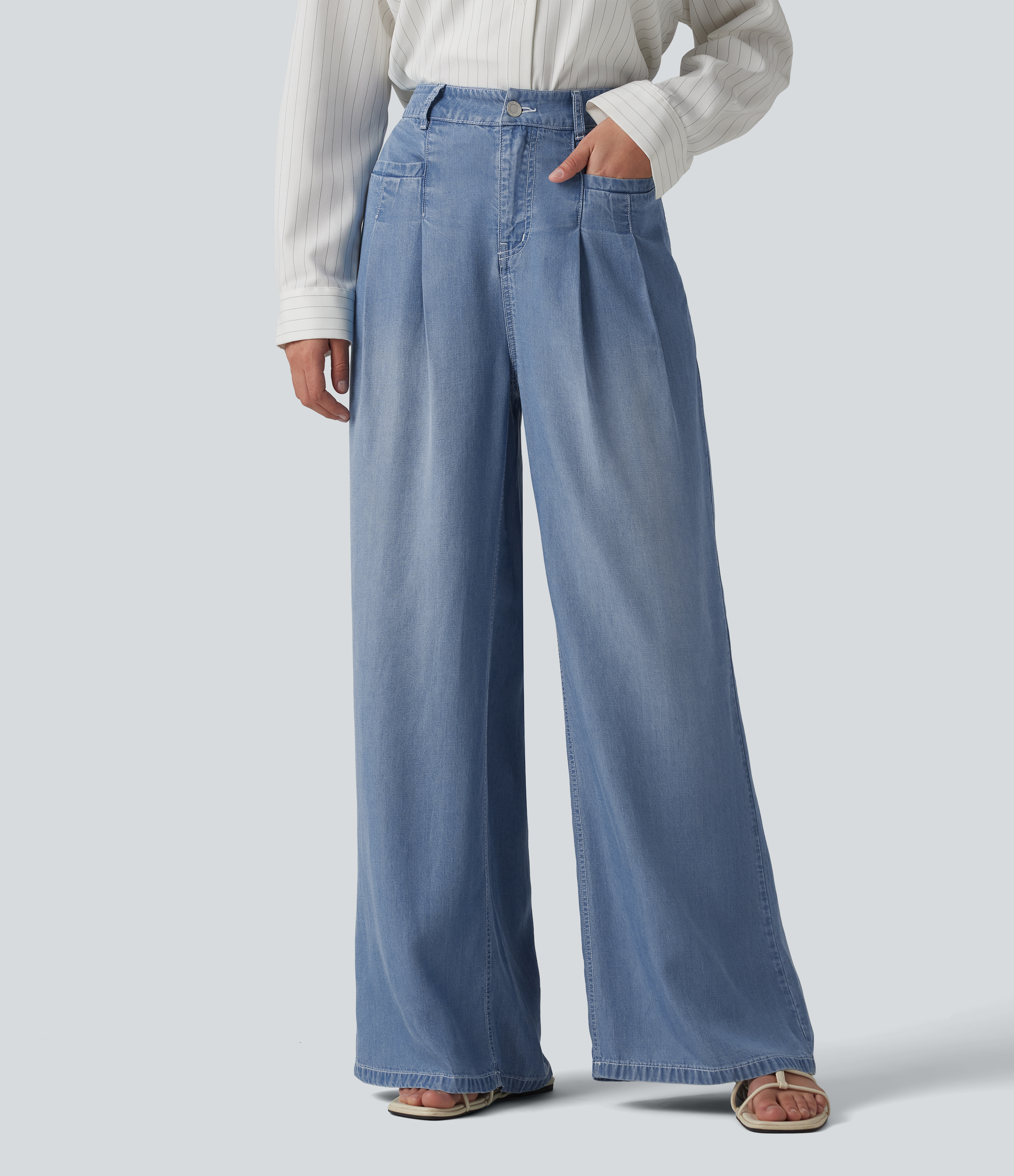 High Waisted Wide Leg Casual Jeans with Pockets  - Malibu Blue Denim