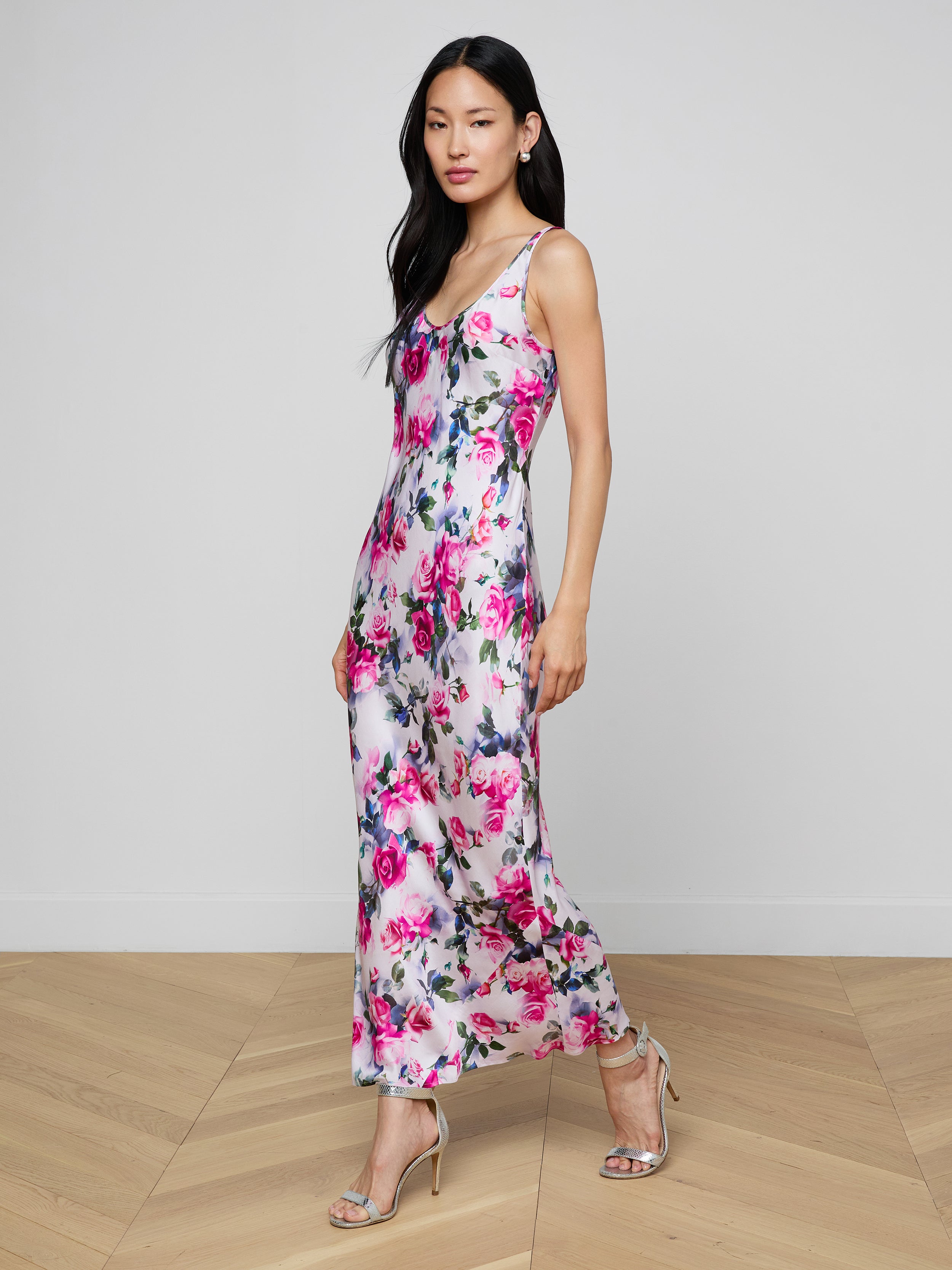 Akiya Satin Maxi Dress In Pink Multi Water Rose