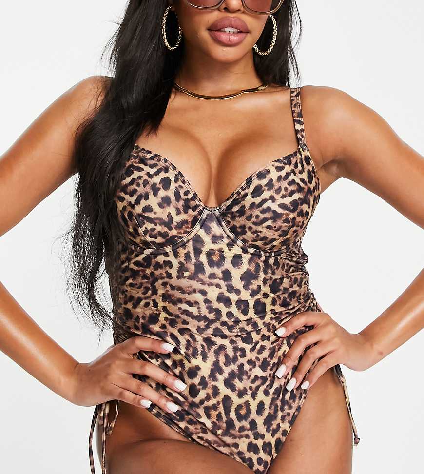 Wolf & Whistle Fuller Bust Exclusive underwired swimsuit with side rushing detail in leopard print-Multi