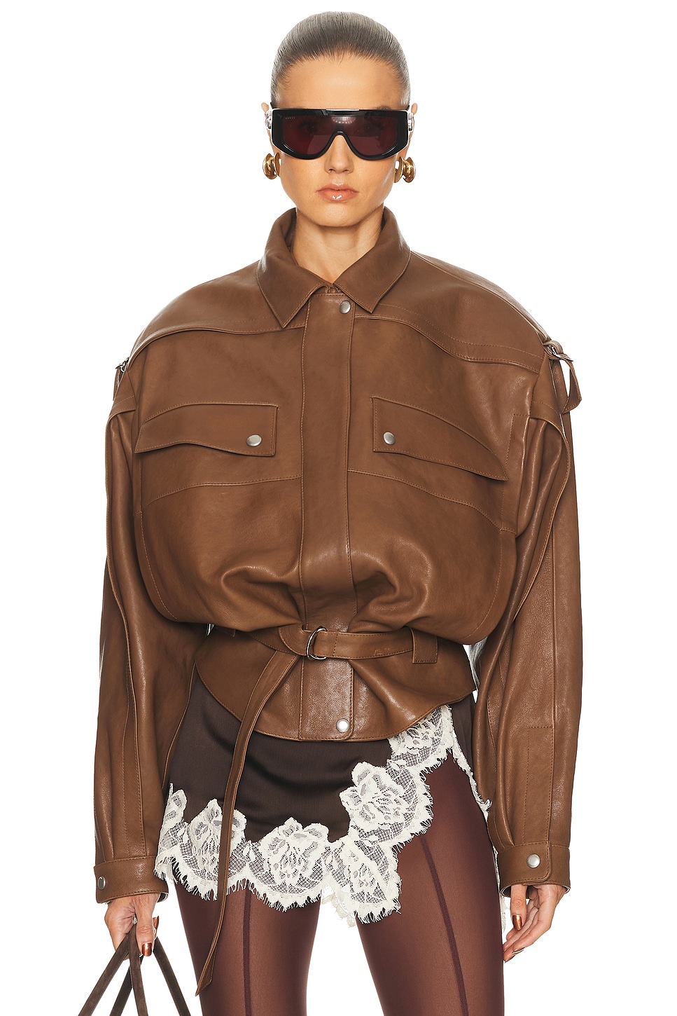 Magda Butrym Belted Leather Bomber Jacket in Brown. 34. Also