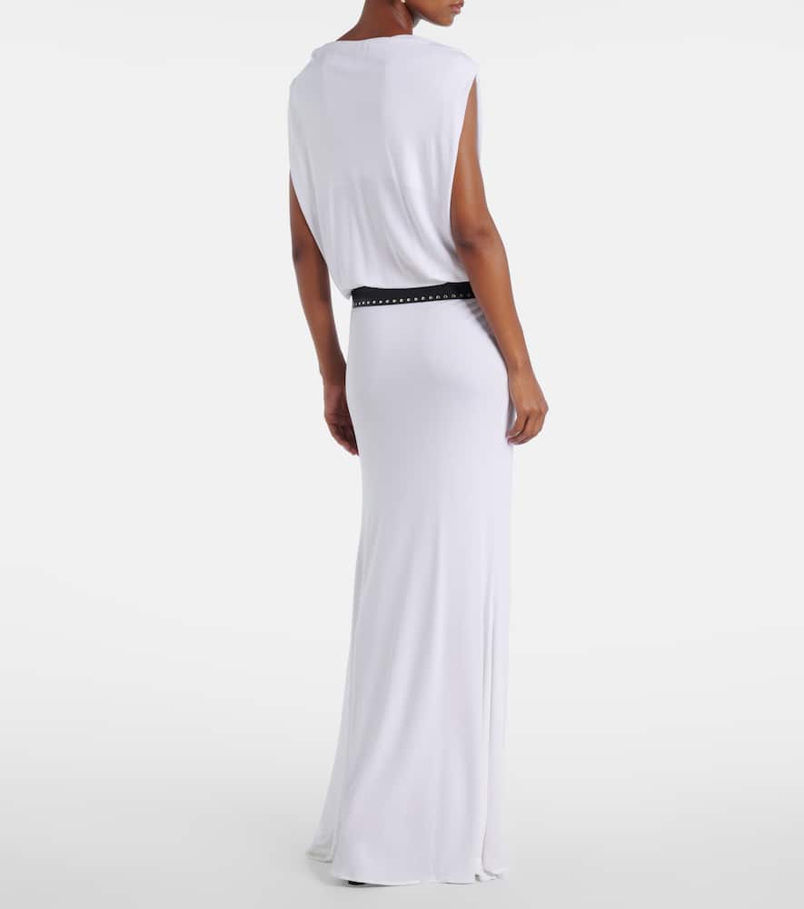 Belted draped jersey maxi dress