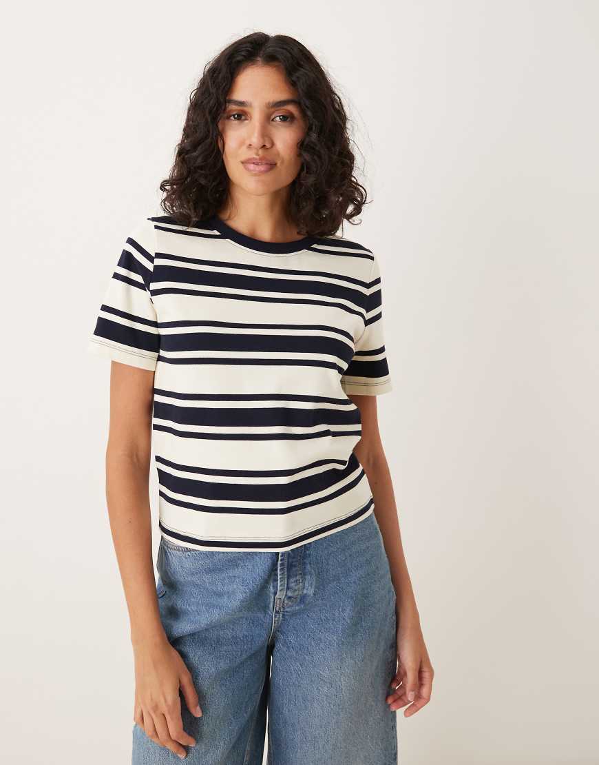 Cotton T-shirt in cream/black stripe-Neutral