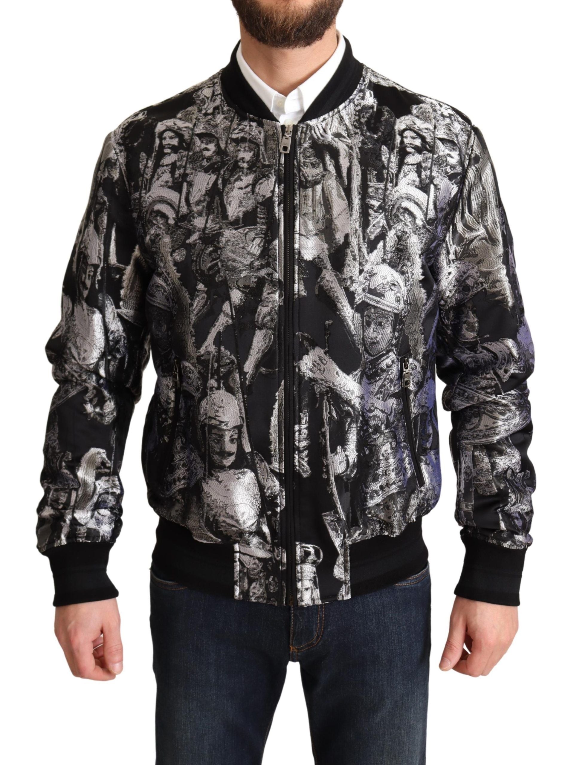 Engraved Portrait Print Bomber Jacket — Black