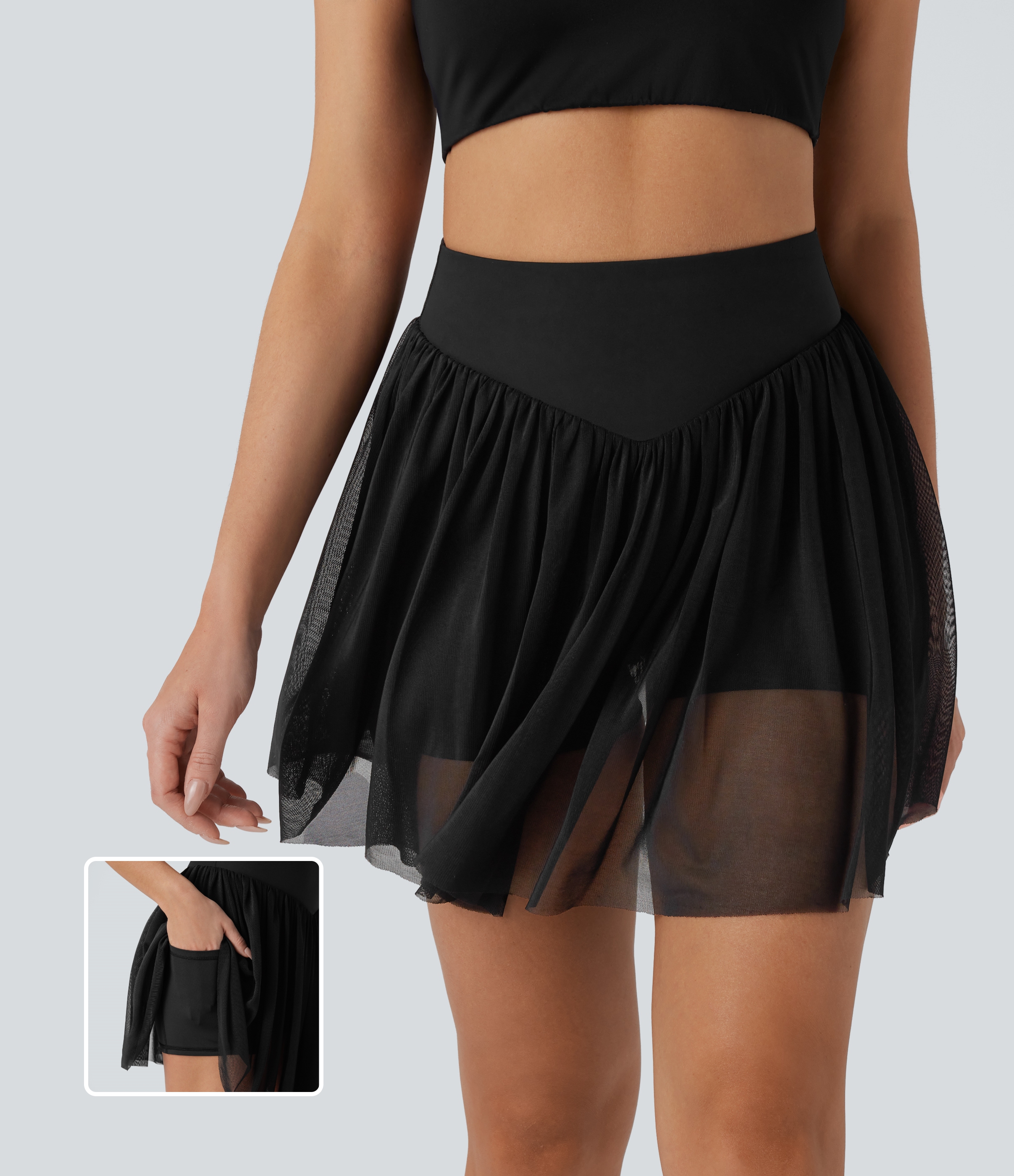 Halara High Waisted Tummy Control 2-in-1 Pocket Mesh Mini Pickleball Skirt - Carbon Black - XLregular