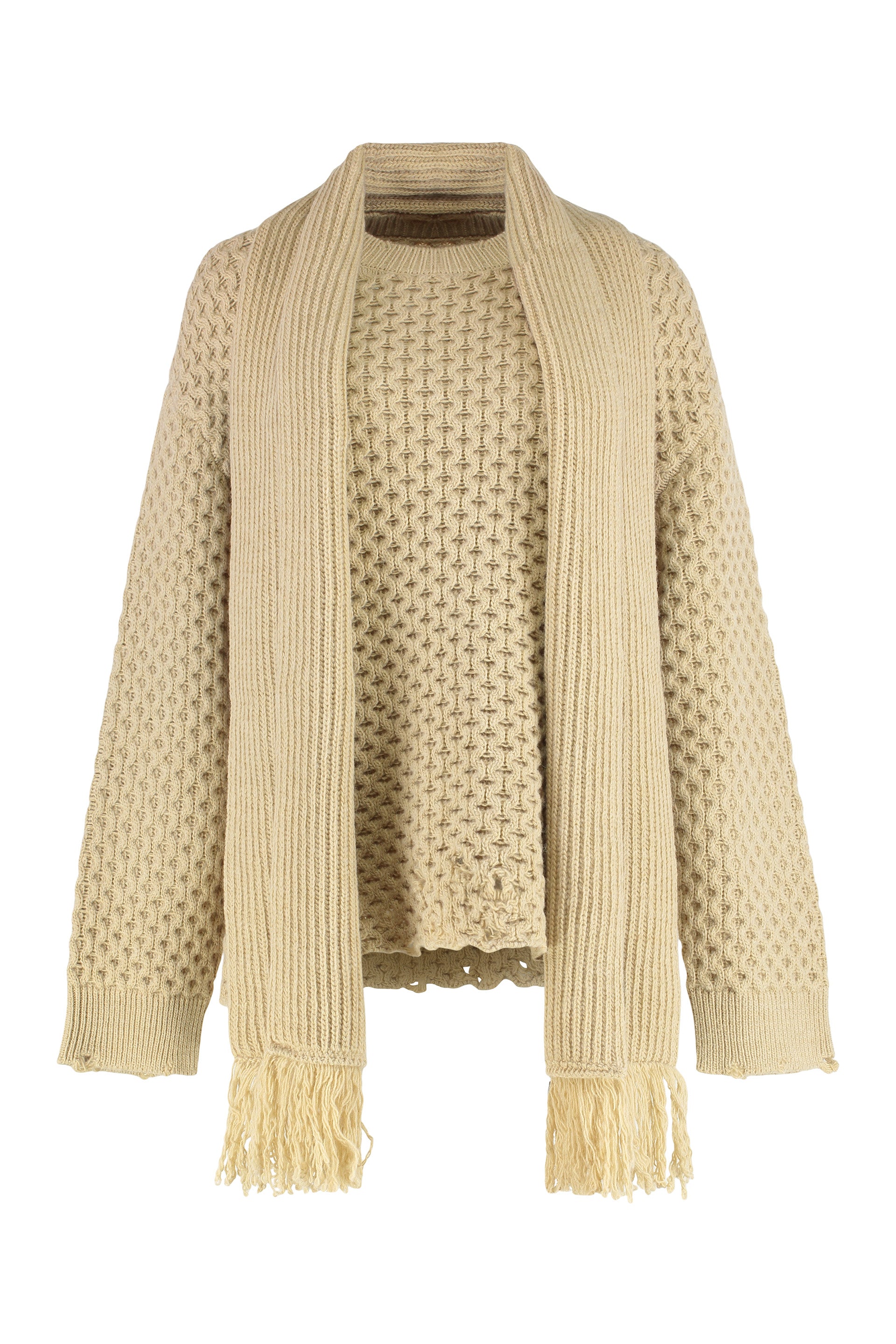Distressed Wool-Blend Crewneck Sweater with Ribbed Knit Scarf Detail