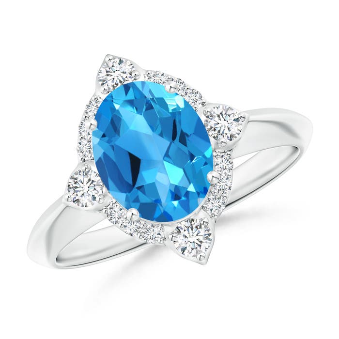 Angara 2.25 Carats Oval Swiss Blue Topaz Compass Ring with Diamond Halo in Platinum