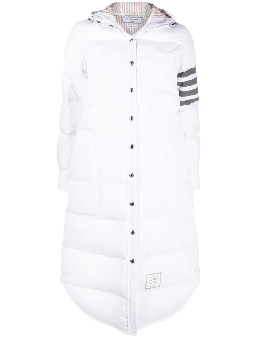 White DOWN FILLED BELOW KNEE HOODED SHIRTDRESS W/ 4 BAR IN MILITARY RIPSTOP