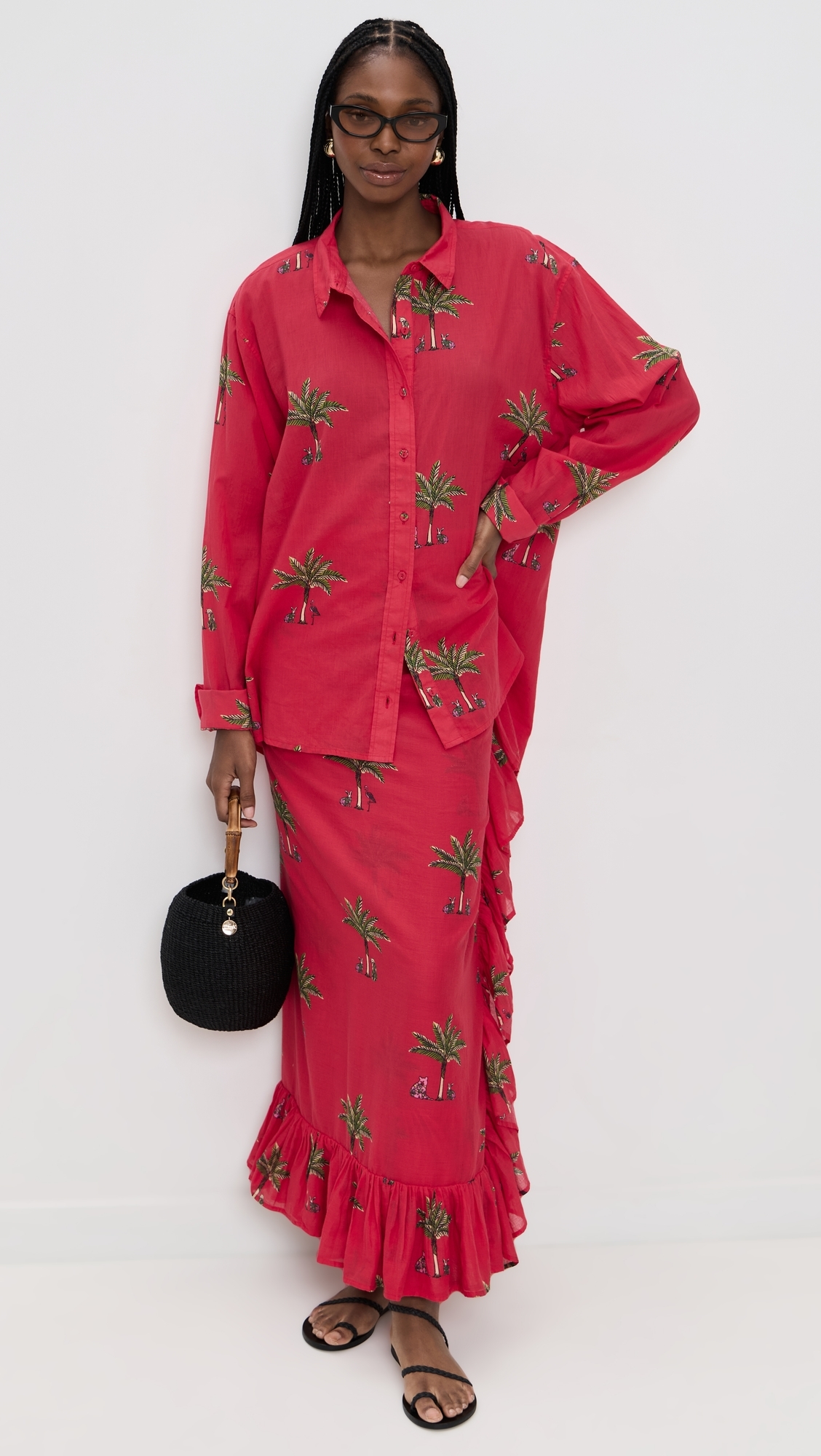 Classic Button Down Shirt Petit Palm Red One Size