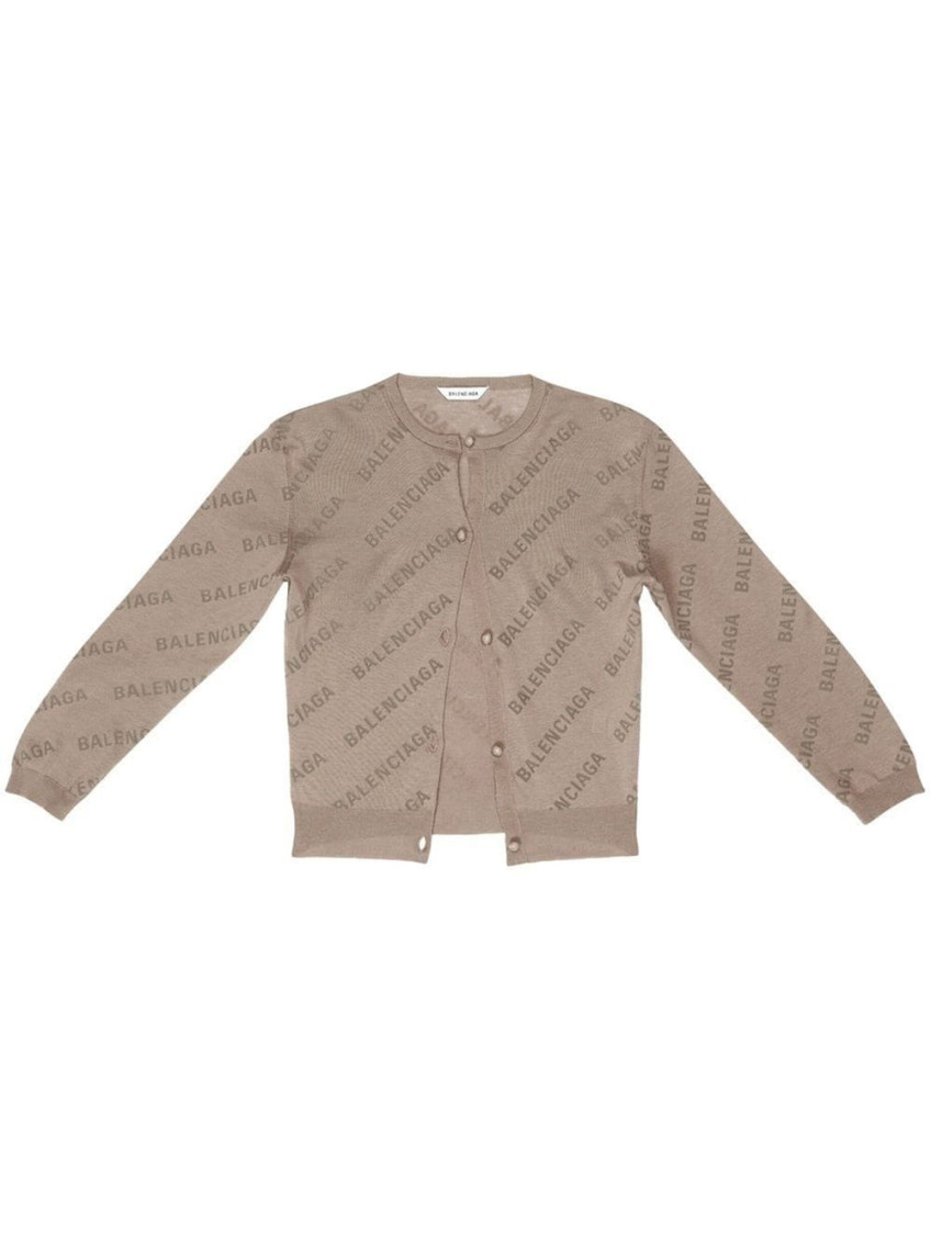 Woman Beige Knit Crop Cardigan With All-over Logo