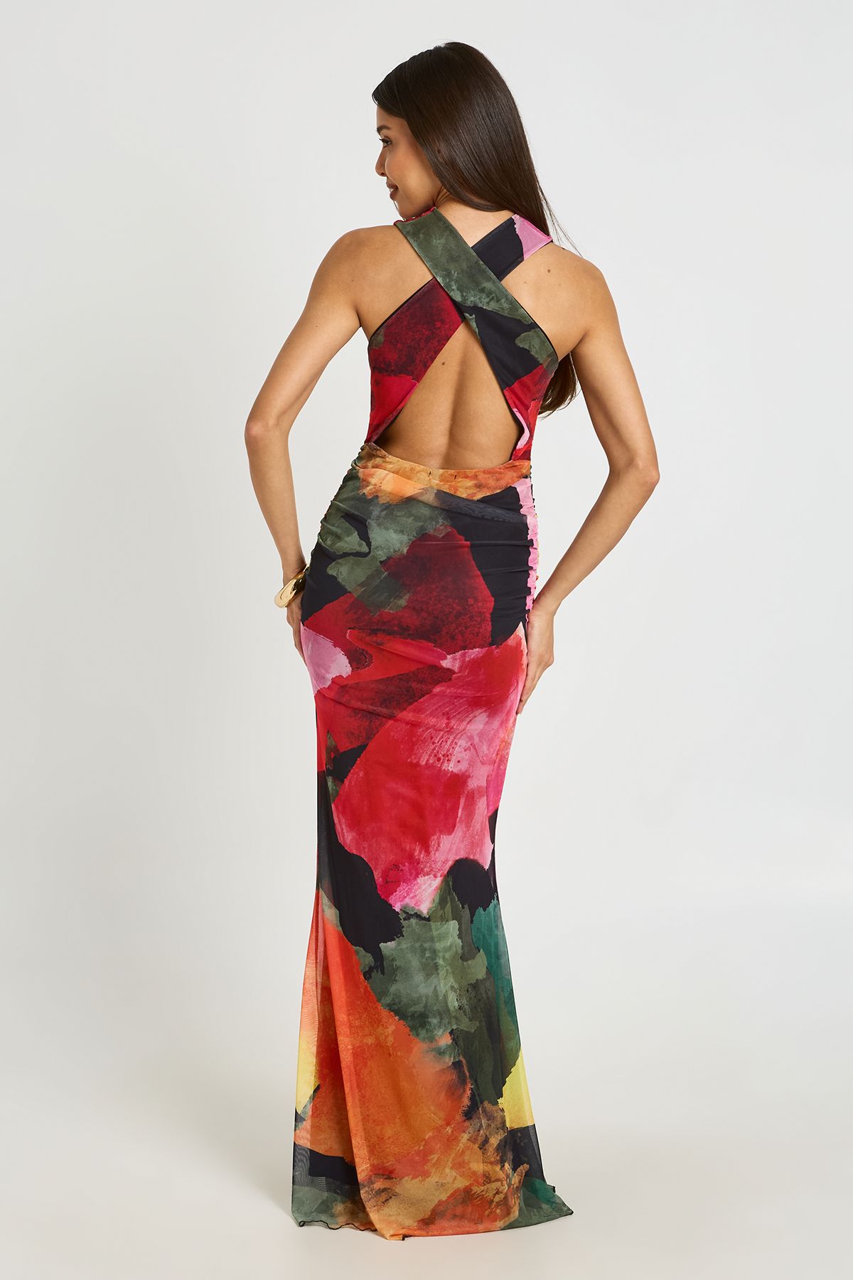 Boohoo Womens Bright Floral Ruched Bodice Open Back Maxi Dress - Black