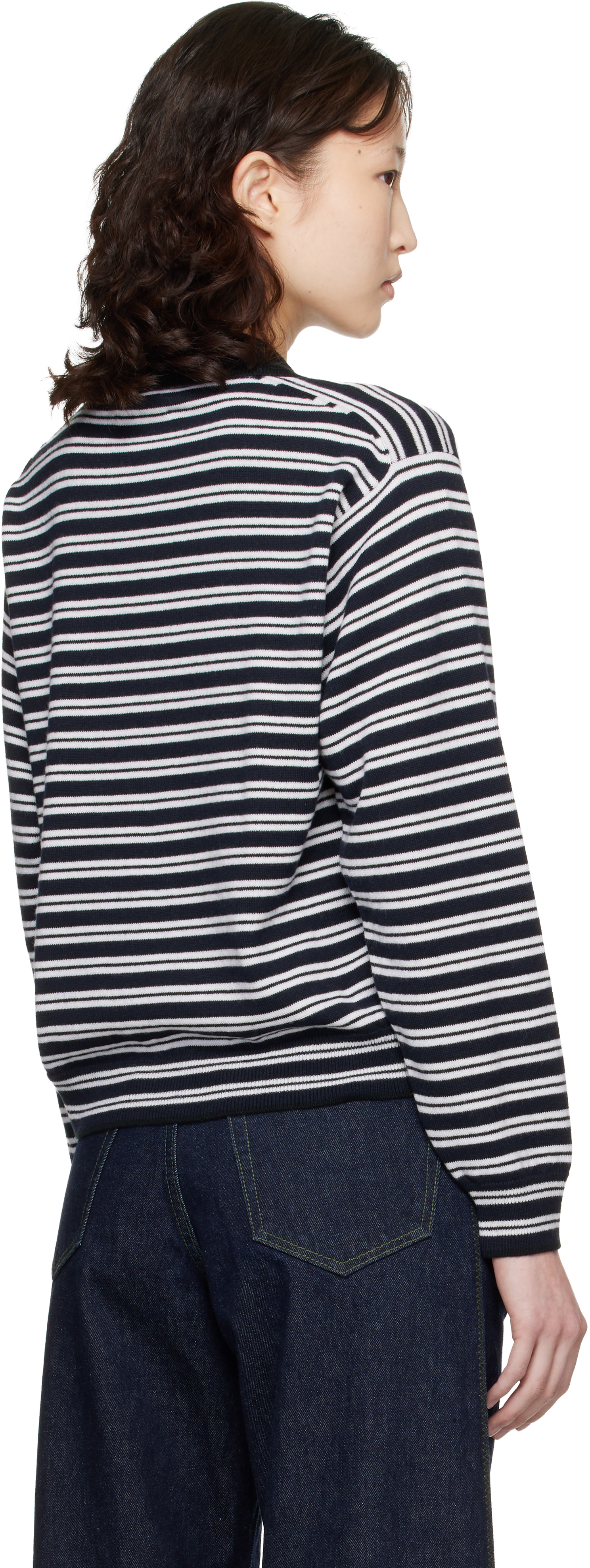Black & White Merino Wool Striped Polo Cardigan