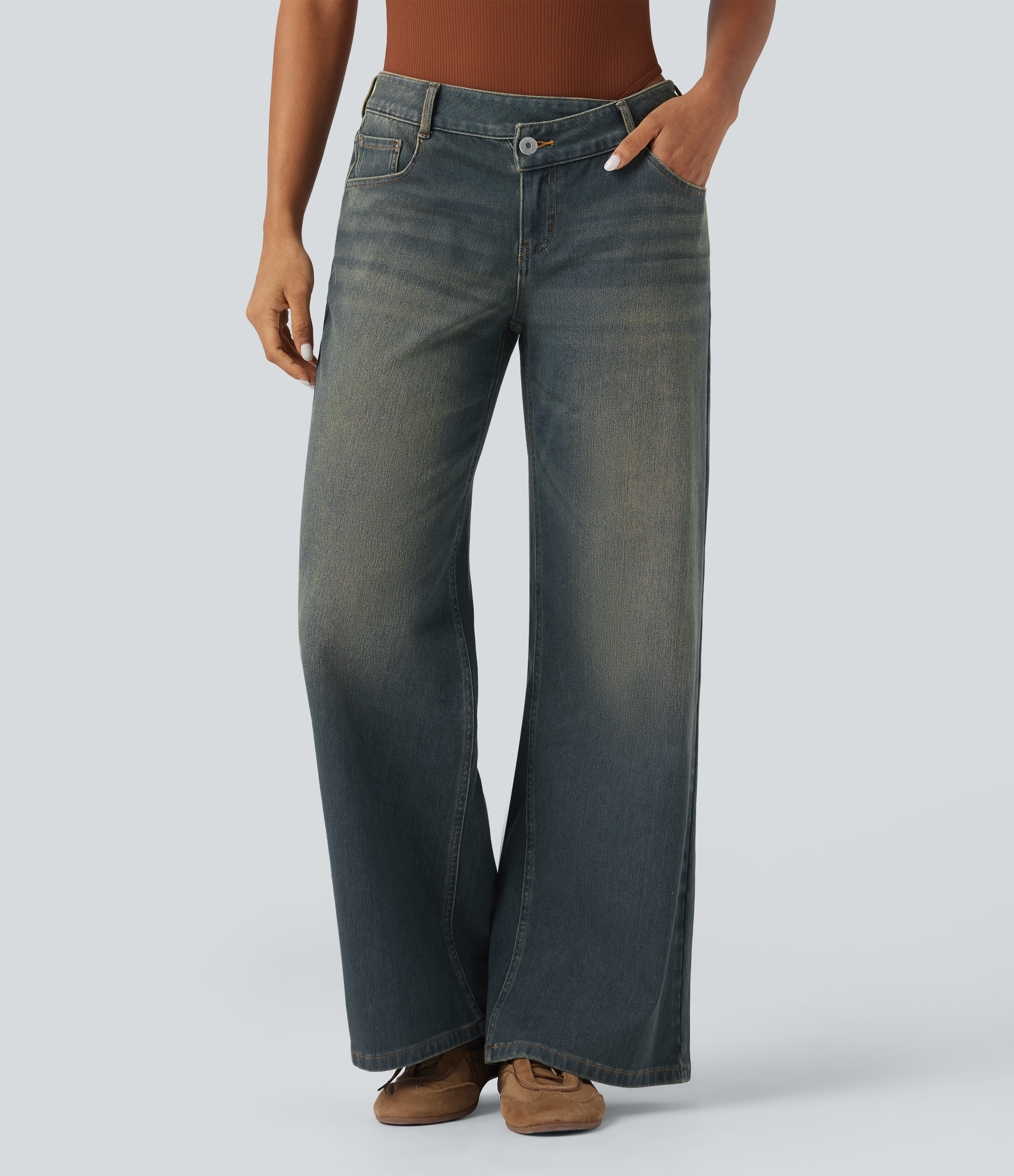 Flex™ Asymmetric Low Rise Zipper Pockets Baggy Wide Leg Washed Casual Jeans  - Mottled Dark Blue Denim