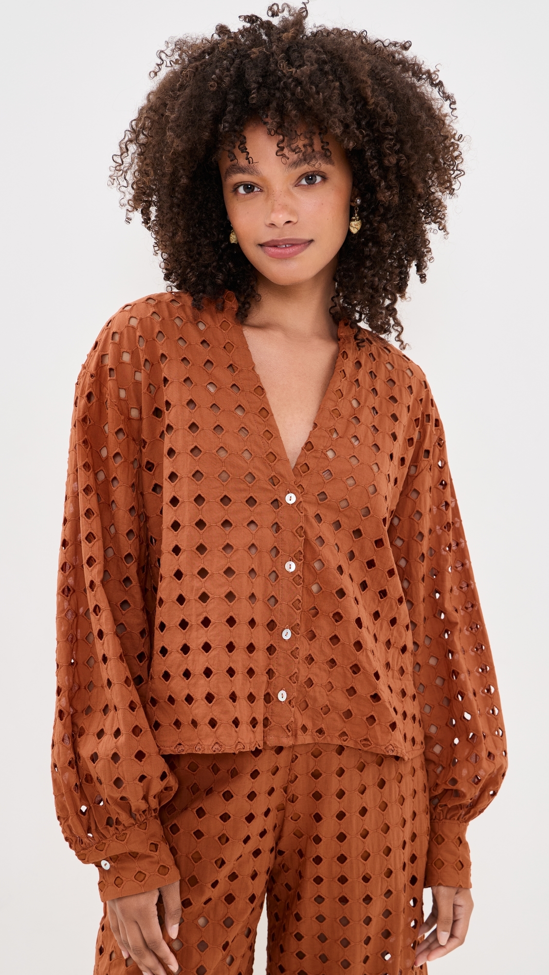 Brown Castanha Cuffed Eyelet Shirt Brown Castanha