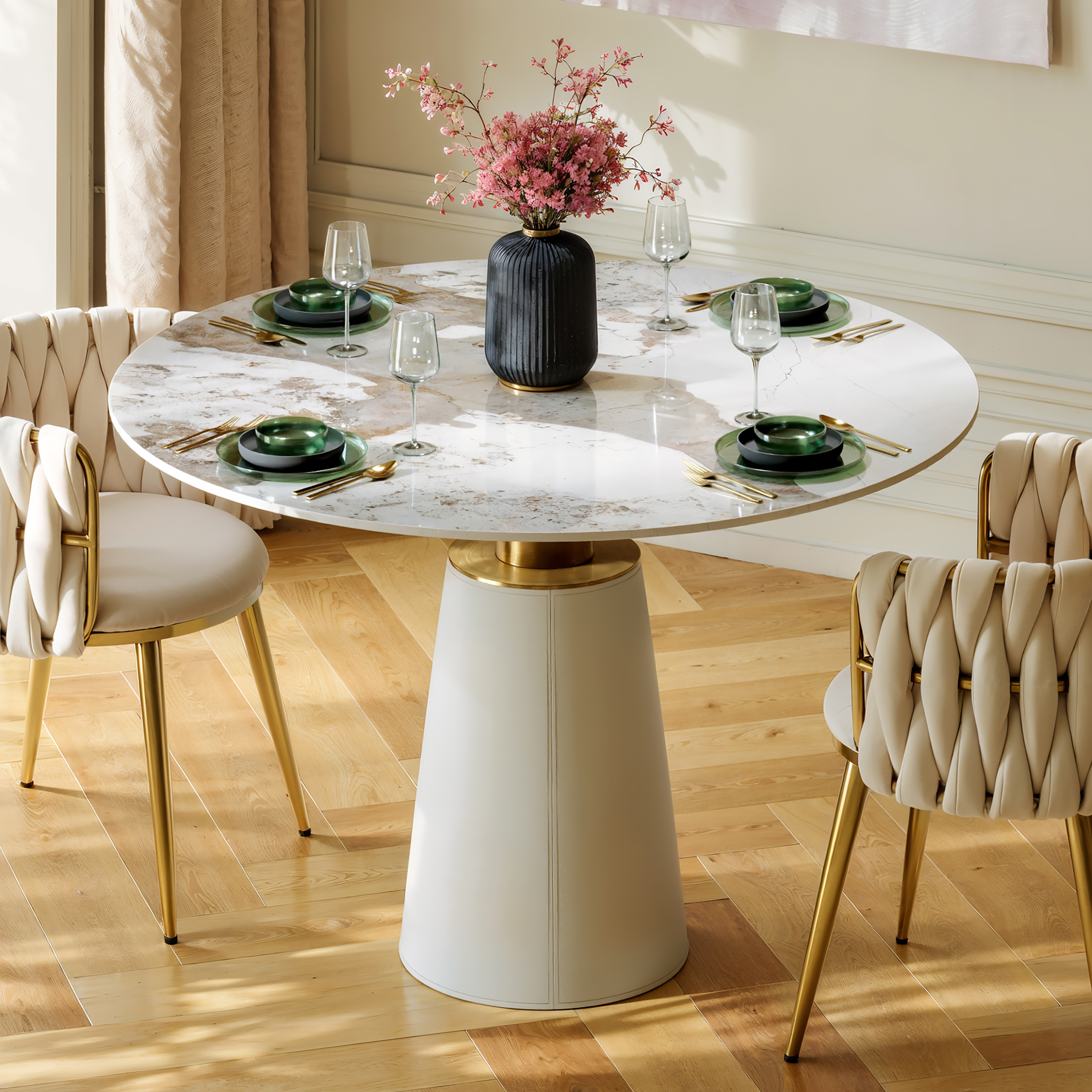 39" Sintered Stone Round Dining Table with Saddle Leather Base Seats 2-4 People