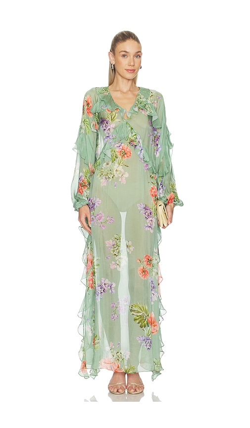 HEMANT AND NANDITA Long Ruffle Kaftan in Green. - S also in XXS, XS, M, L
