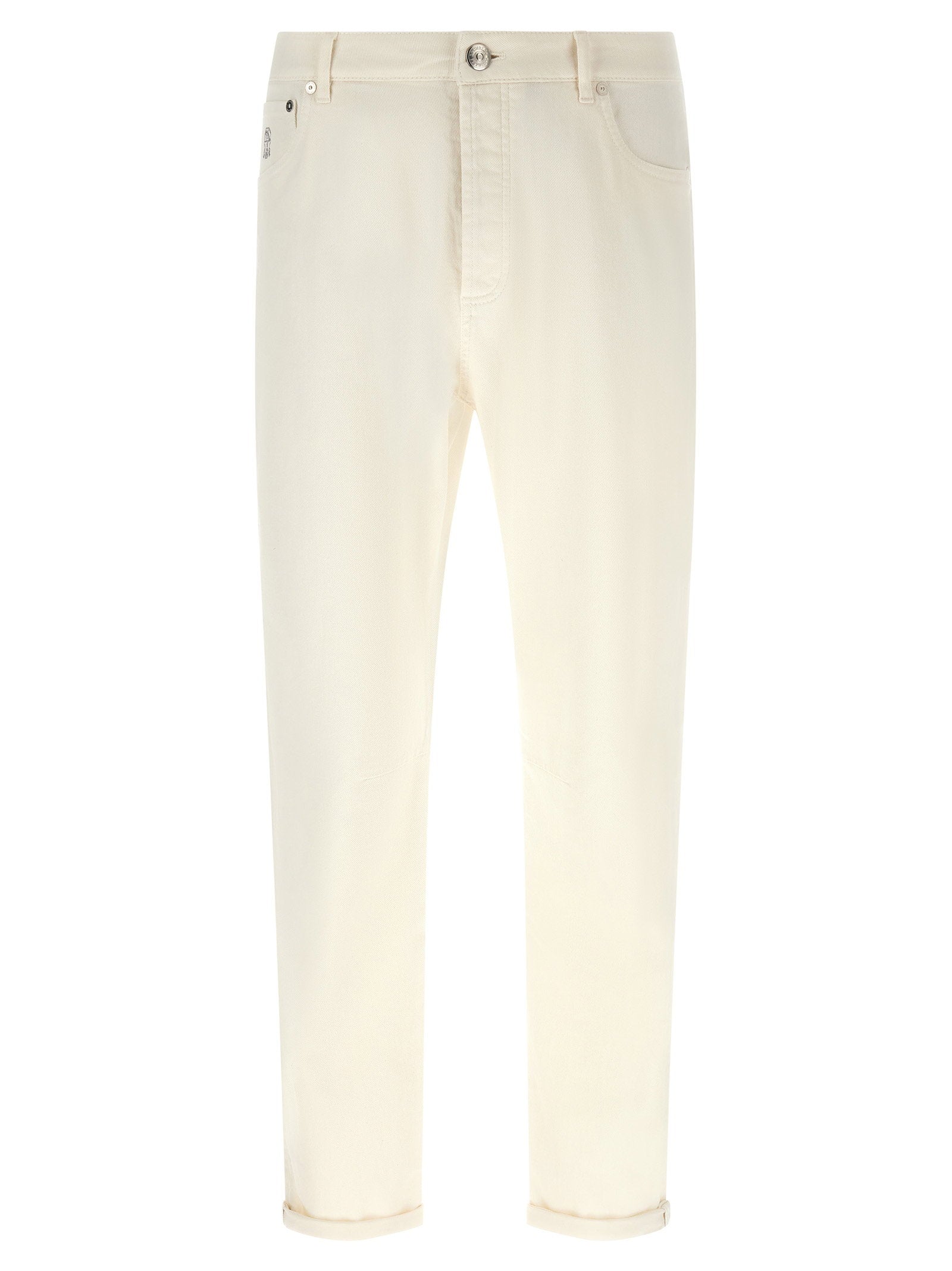 Logo-Embroidered Cotton Jeans — Cream