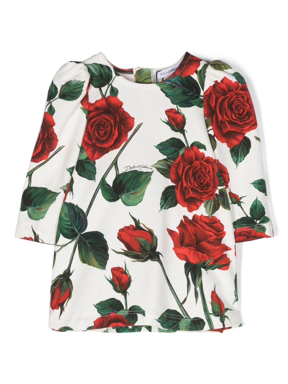 Rose-print long-sleeved dress - White