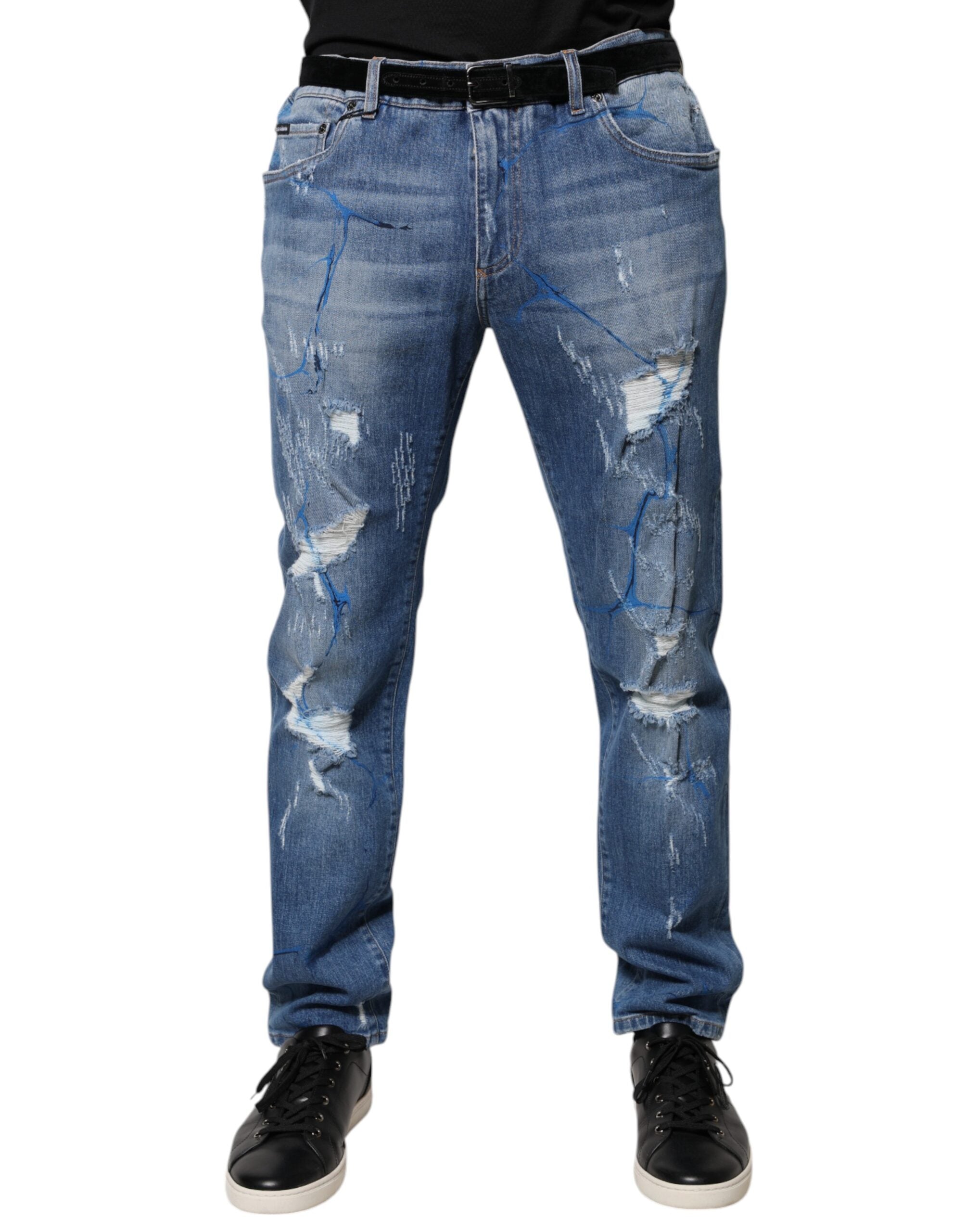 Distressed Cotton Stretch Jeans — Blue
