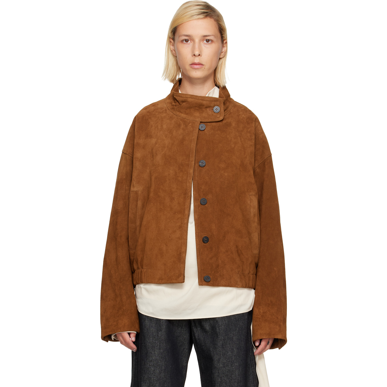 Tan Funnel Neck Suede Jacket