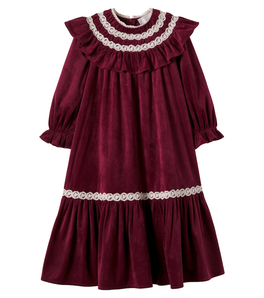 Lace-trimmed ruffled velvet dress