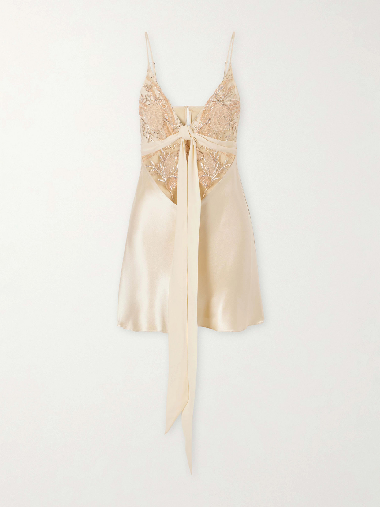 Blumen Tie-detailed Embroidered Silk Chiffon And Satin Mini Dress - Neutrals