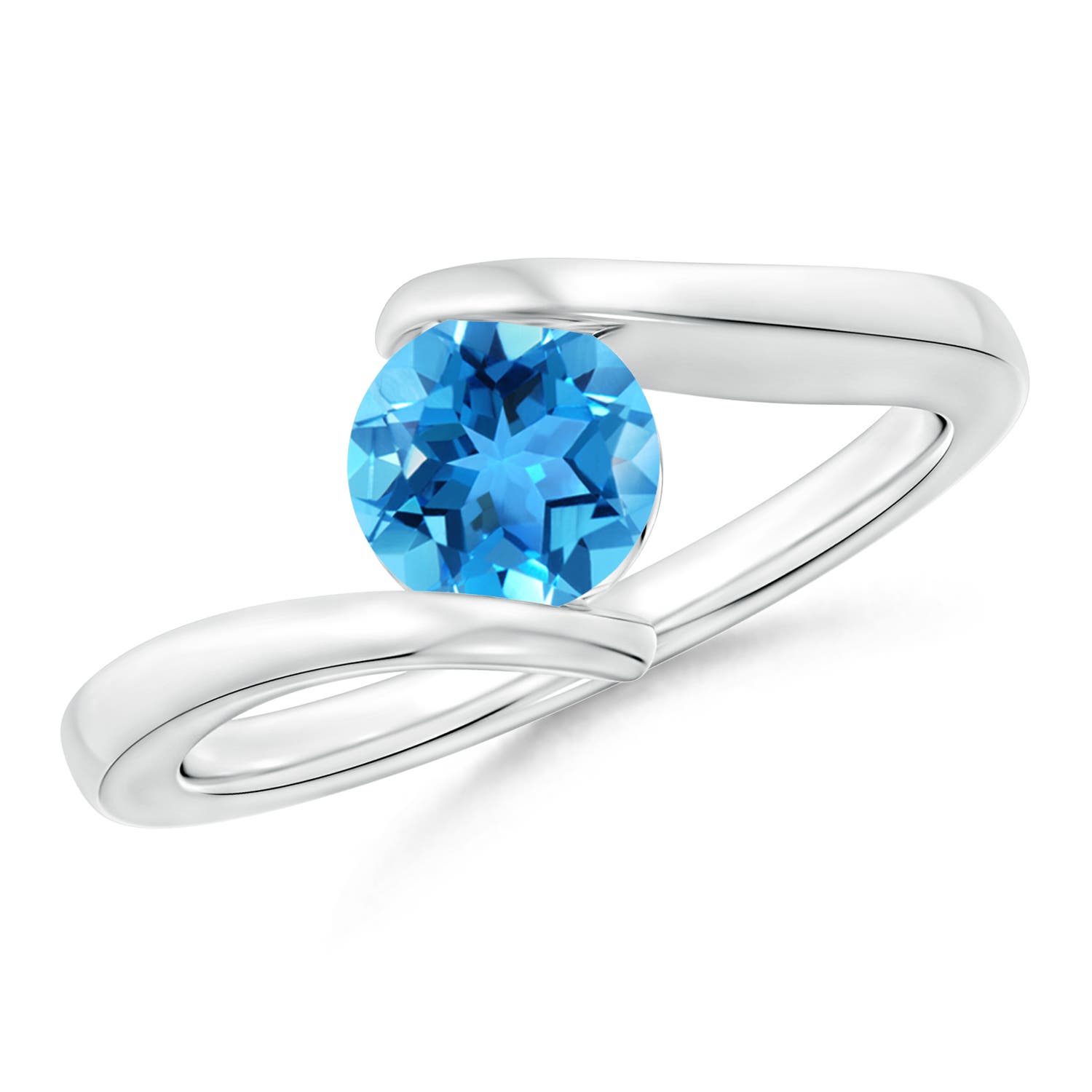 Angara 0.95 Carat Bar-Set Solitaire Round Swiss Blue Topaz Bypass Ring in Platinum
