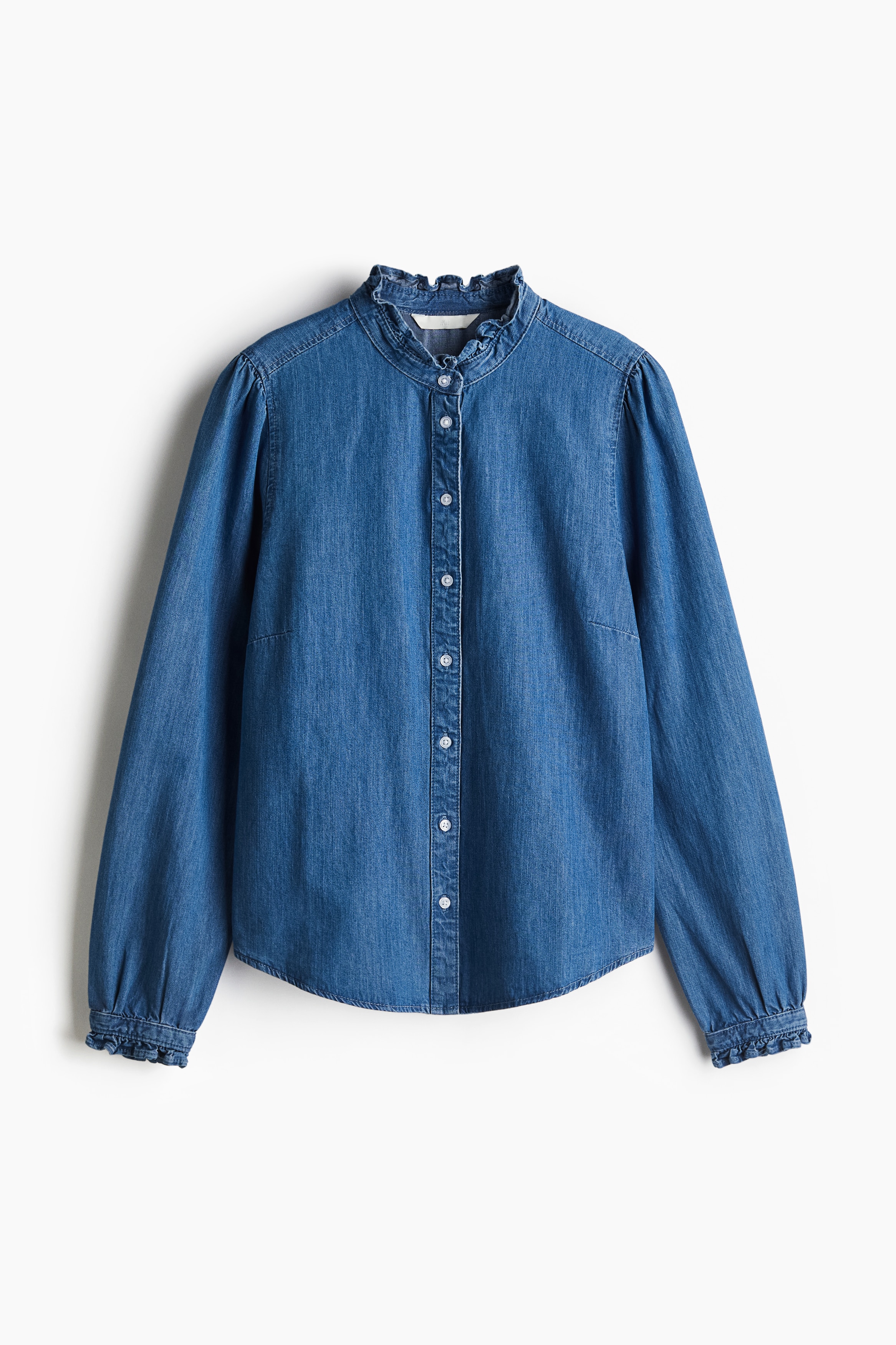 Frill Trim Denim Blouse - Denim Blue