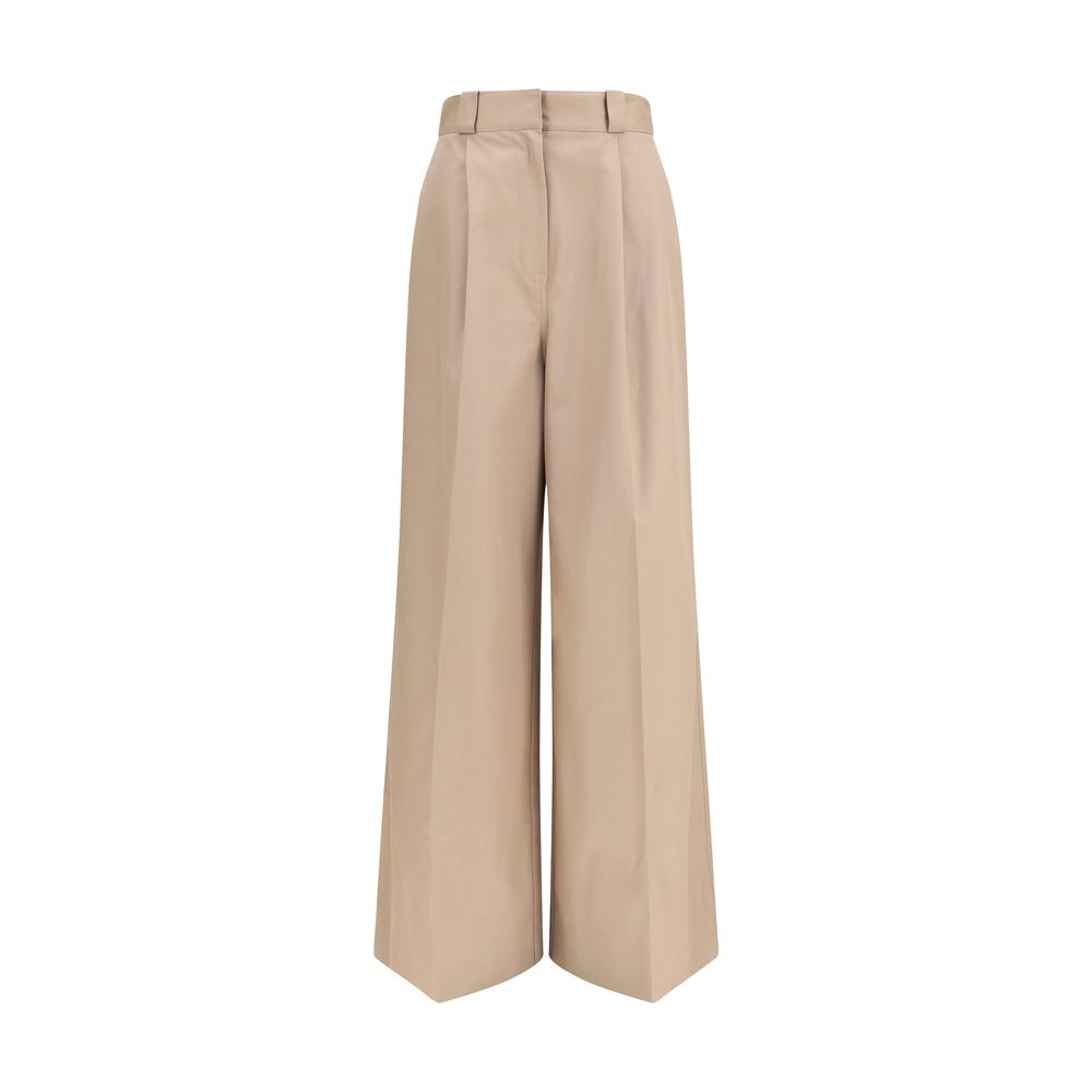High-Waisted Cotton Twill Flared Trousers — Beige