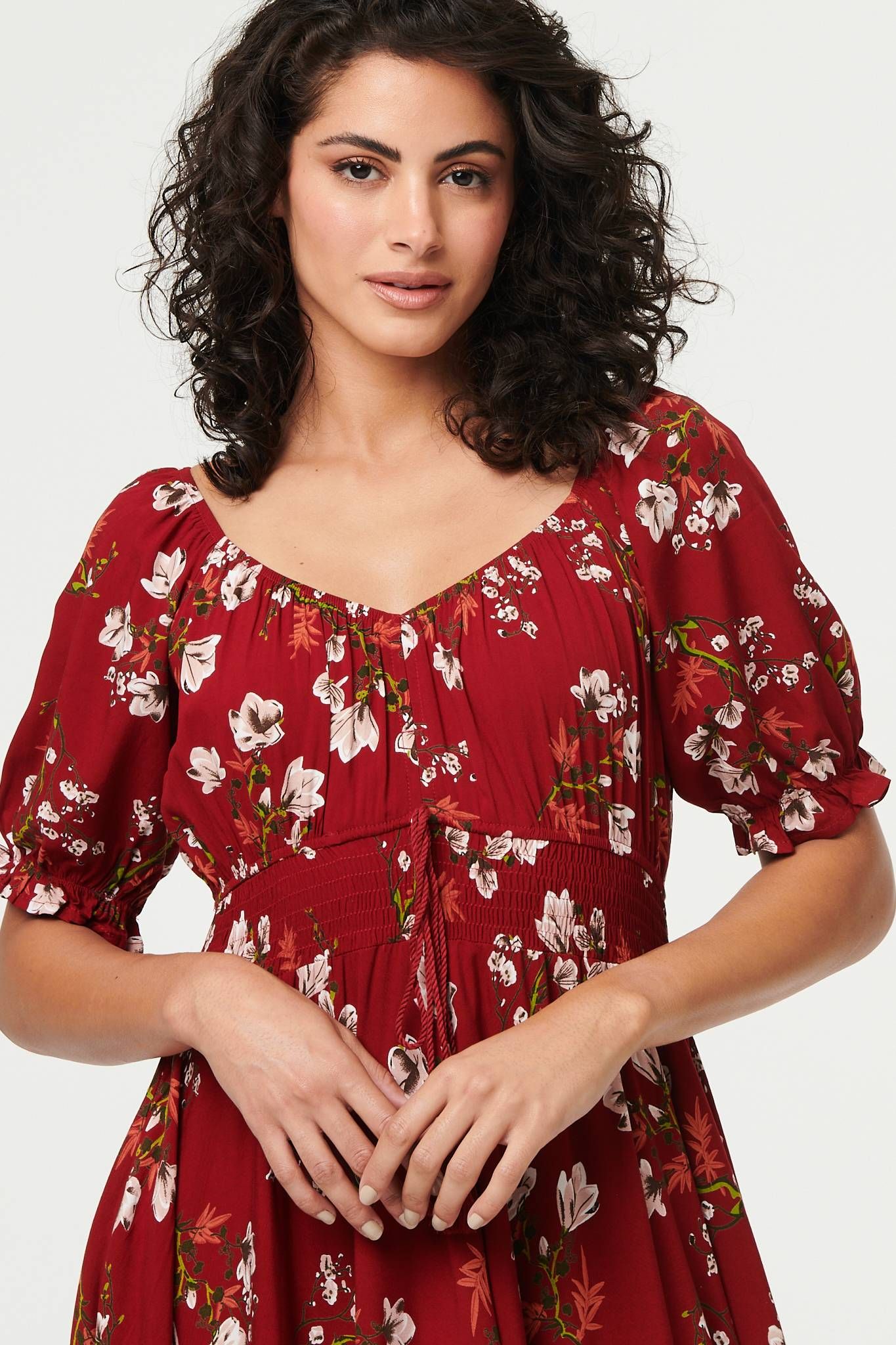 Izabel London Women's Floral Bardot Shirred Empire Maxi Dress in Red
