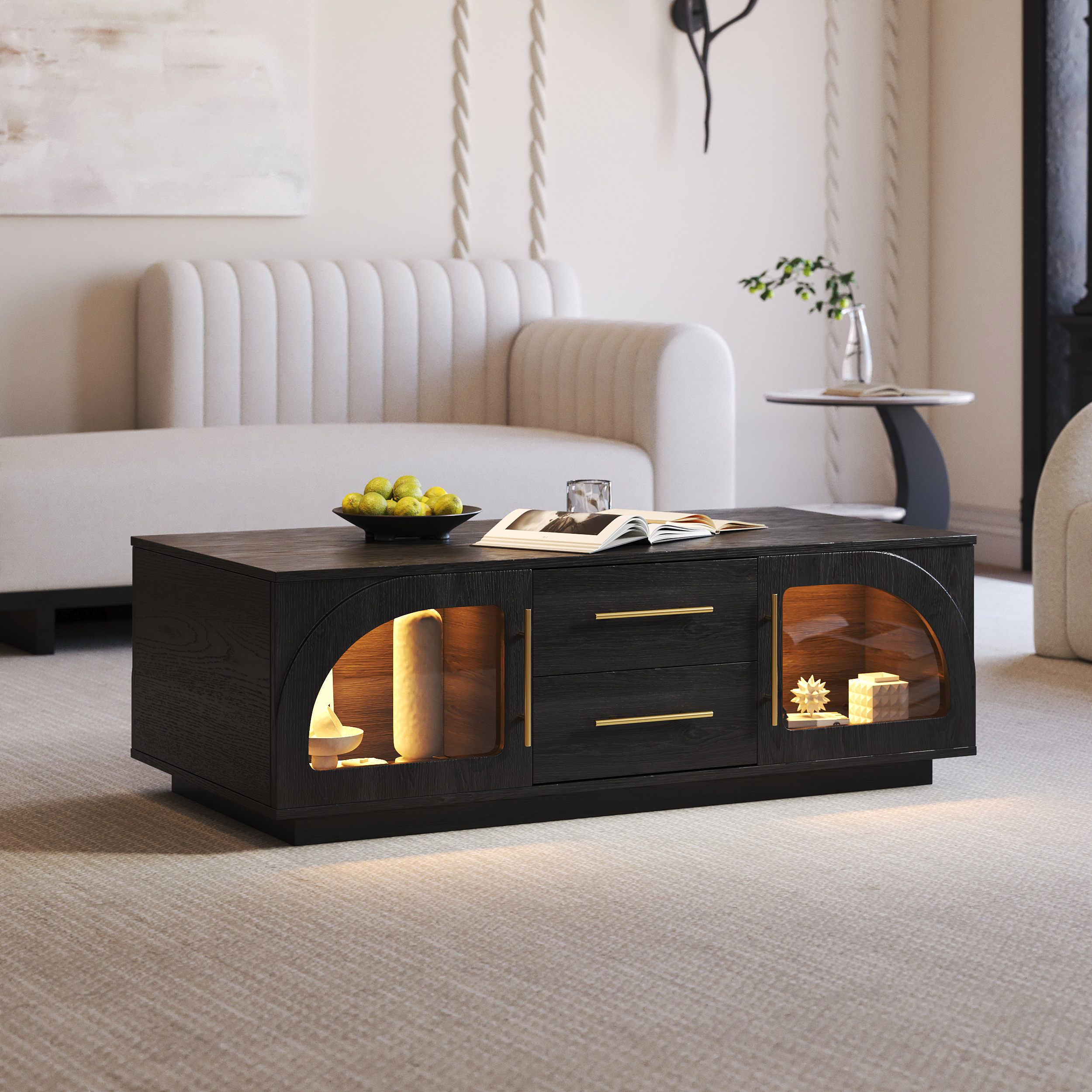 Arune Arched Glass Coffee Table Modern Natural Living Room Furniture with Storage and LED Light