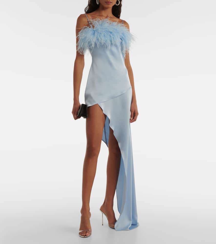Feather-trimmed asymmetric satin midi dress