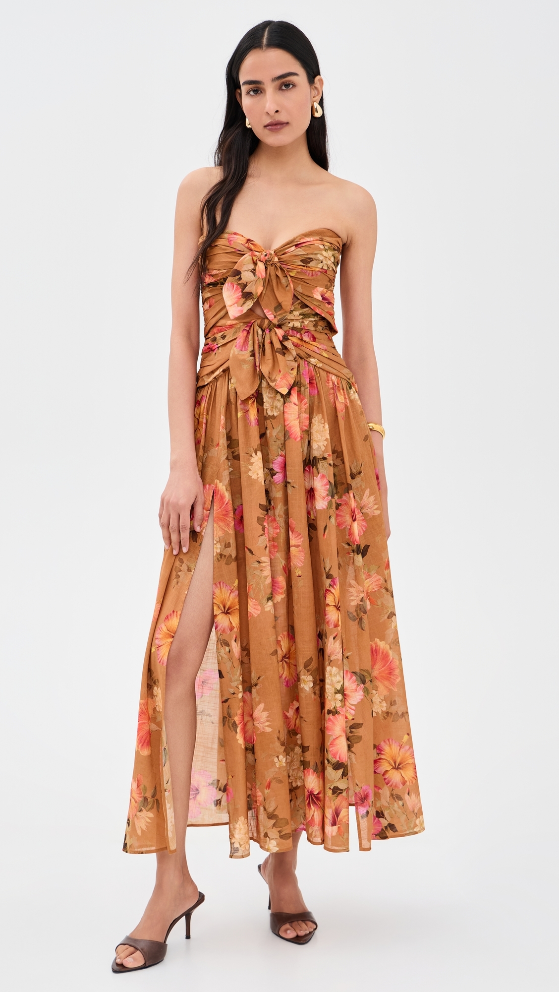Mahon Tie Front Midi Dress Tan Hibiscus