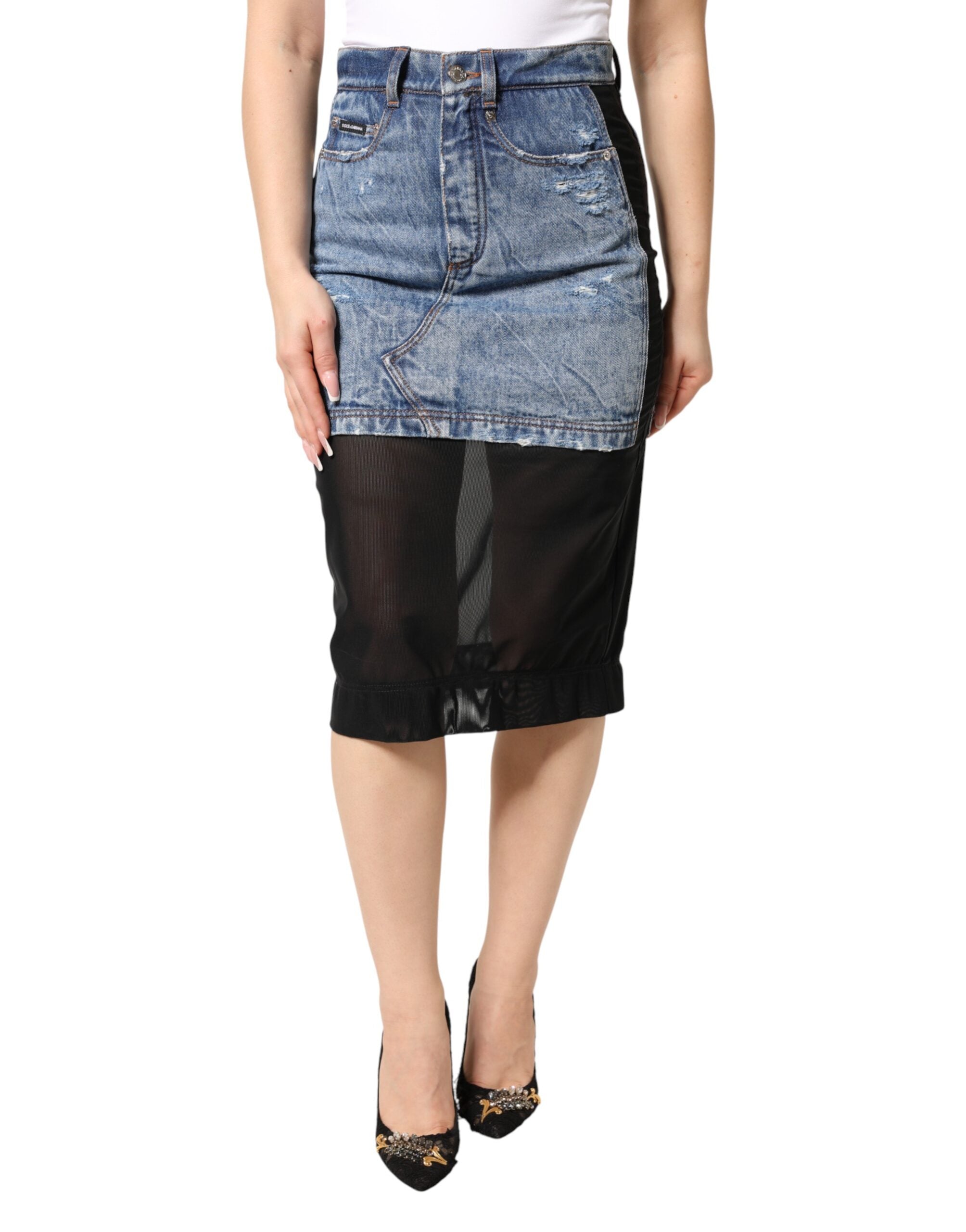 Denim with Sheer Panel Skirt — Blue