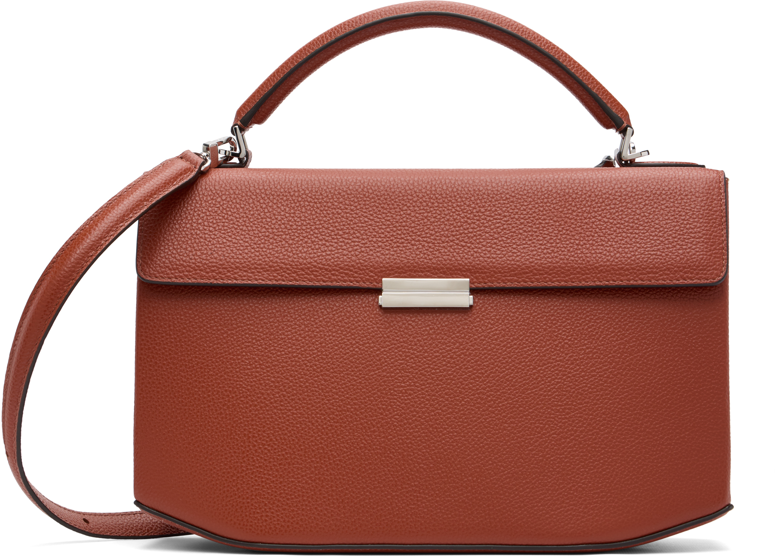 Brown Clip Grained-Leather Top Handle Bag