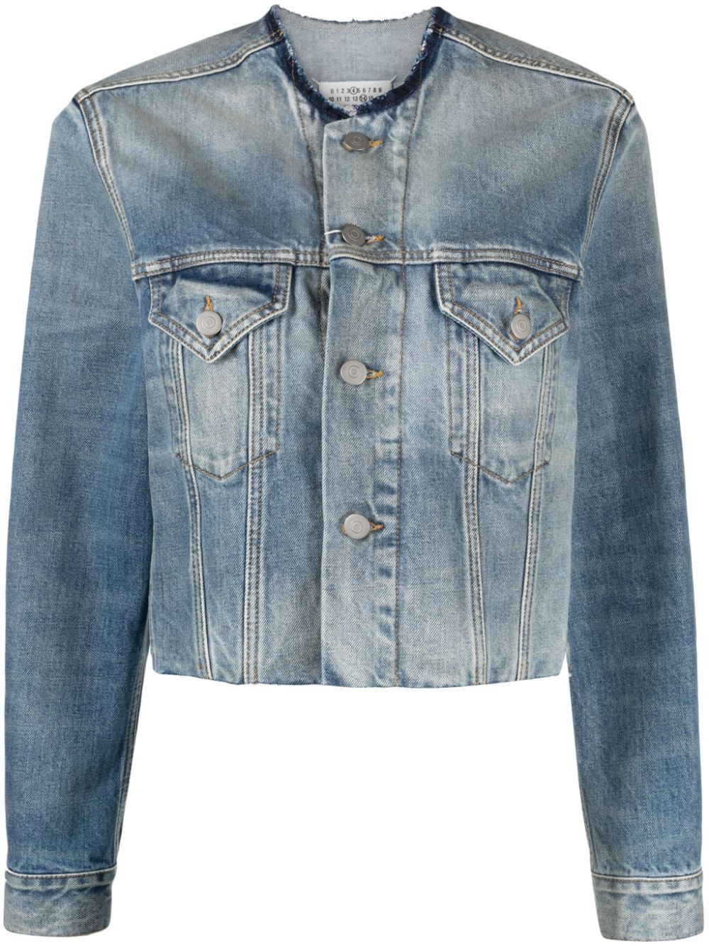 Raw-neckline button-up denim jacket