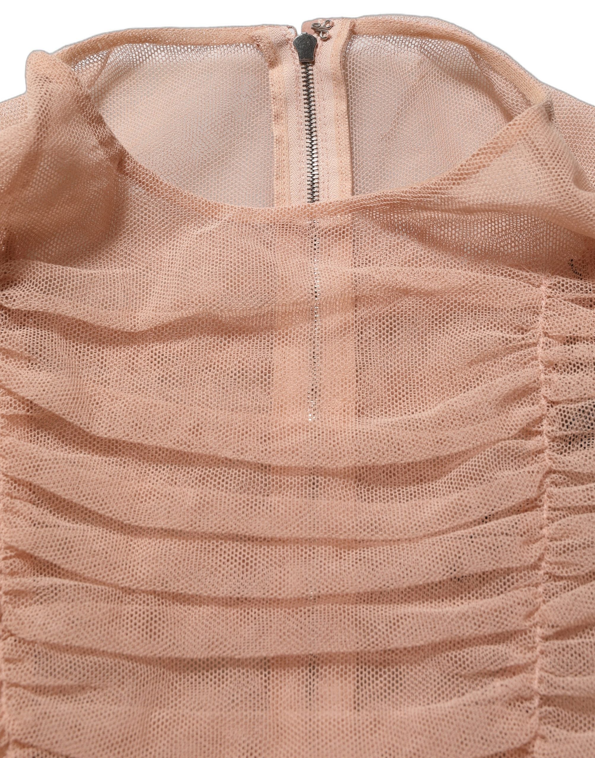 Ruched Cotton-Mesh Sheath Dress — Beige