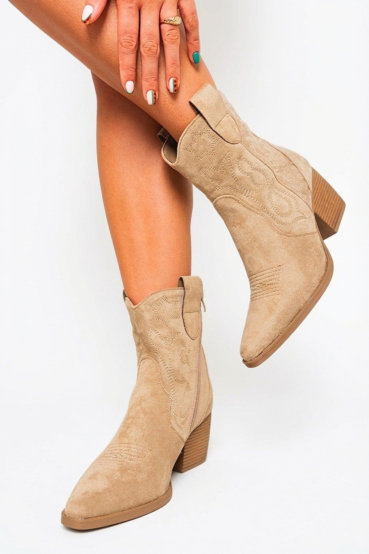 IKRUSH Women's Laura Faux Suede Cowboy Ankle Length Boots in Khaki