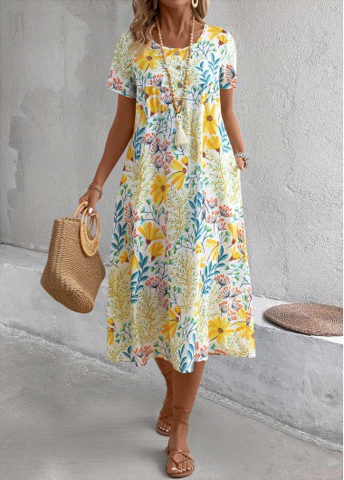 Modlily Yellow Pocket Floral Print A Line Short Sleeve Dre