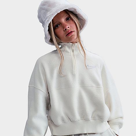 Girls' Big Kids Sportswear Long-Sleeve Fleece Quarter-Zip Top in Soft Pearl/White