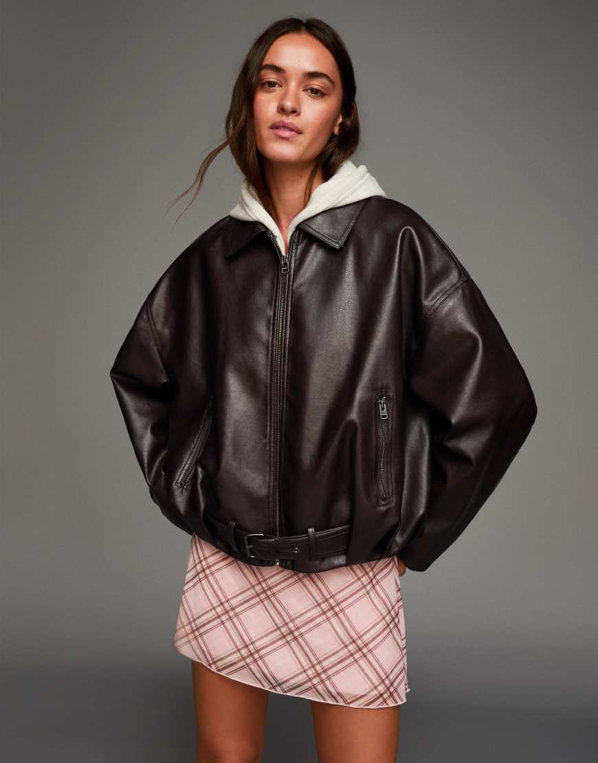 Belted faux leather jacket in brown
