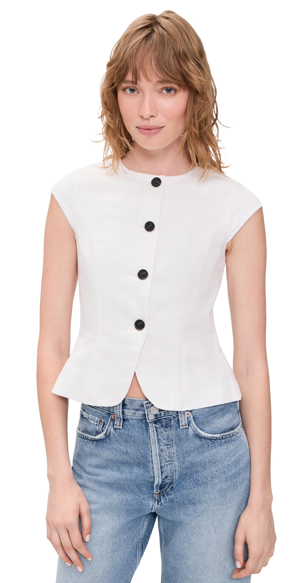Connie Linen Mix Button Up Top White