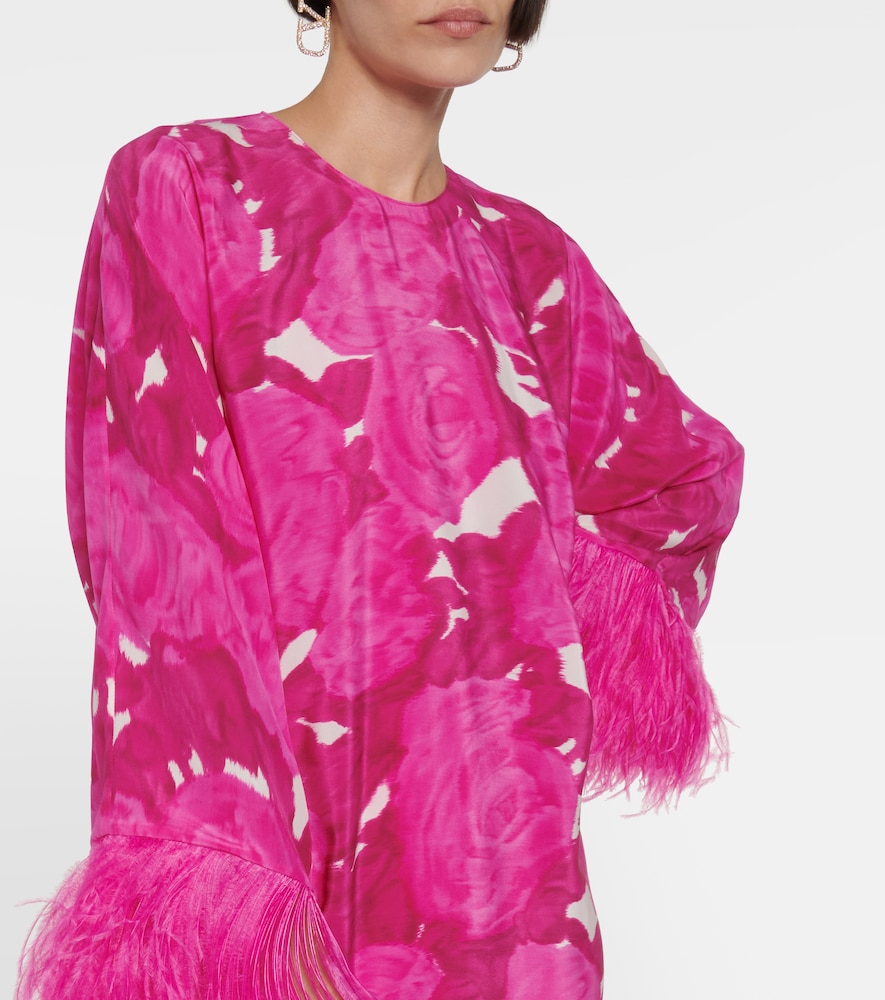 Floral feather-trimmed silk minidress