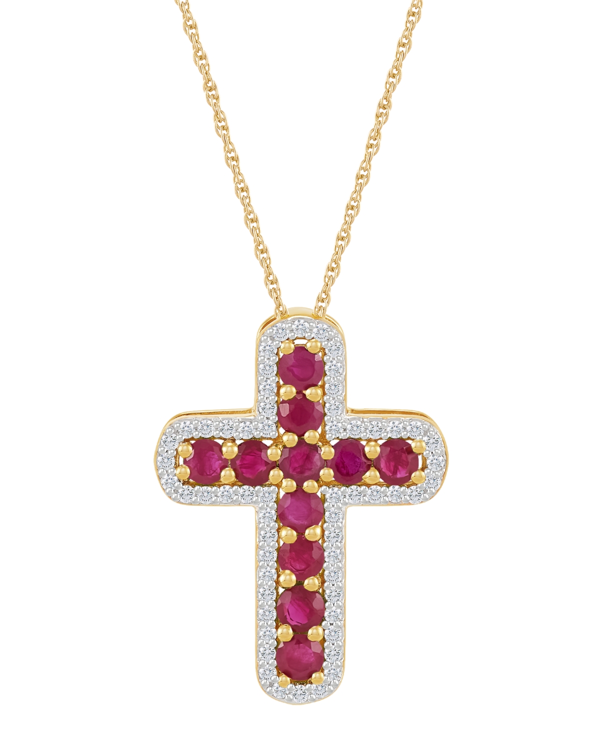 "Emerald (5/8 ct. t.w.) & Diamond (1/5 ct. t.w.) Cross 18"" Pendant Necklace in 14k Gold (Also in Ruby) - Ruby"