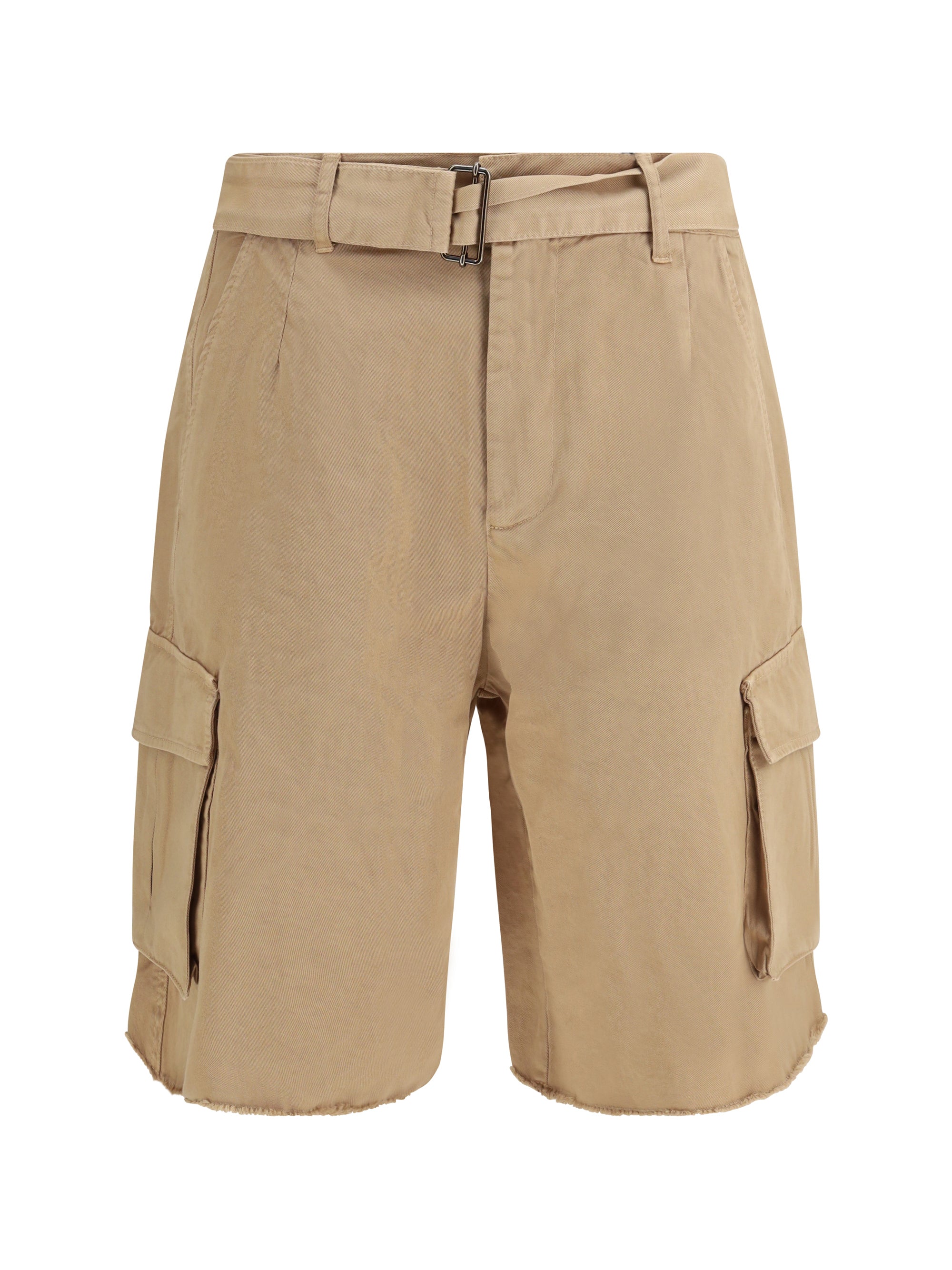 Belted Cotton Cargo Shorts — Beige